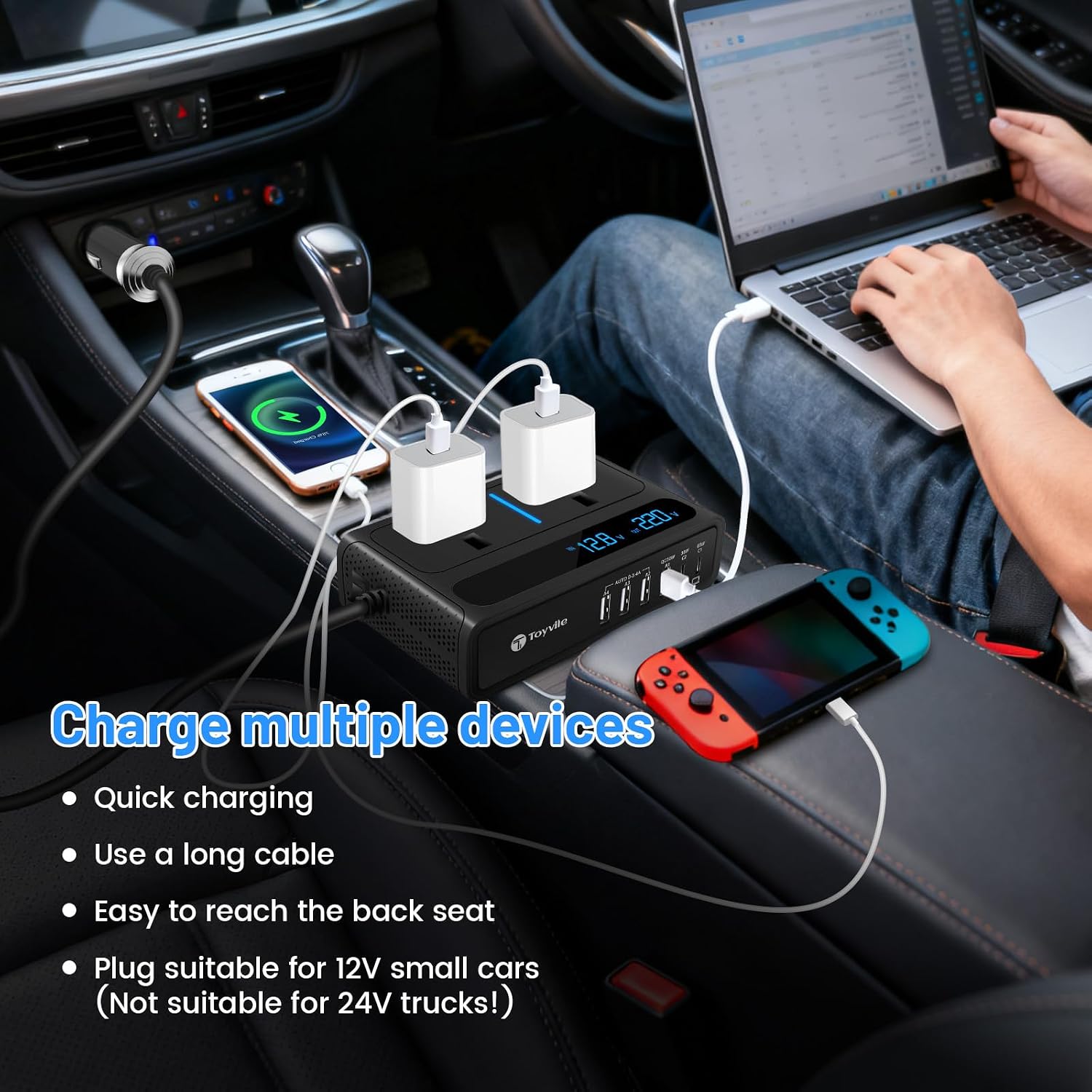 Detalle de 8 in 1 200W Car Power Inverter (12V to 240V/230V) with 2 AC Sockets, 4 USB & 2 Type-C