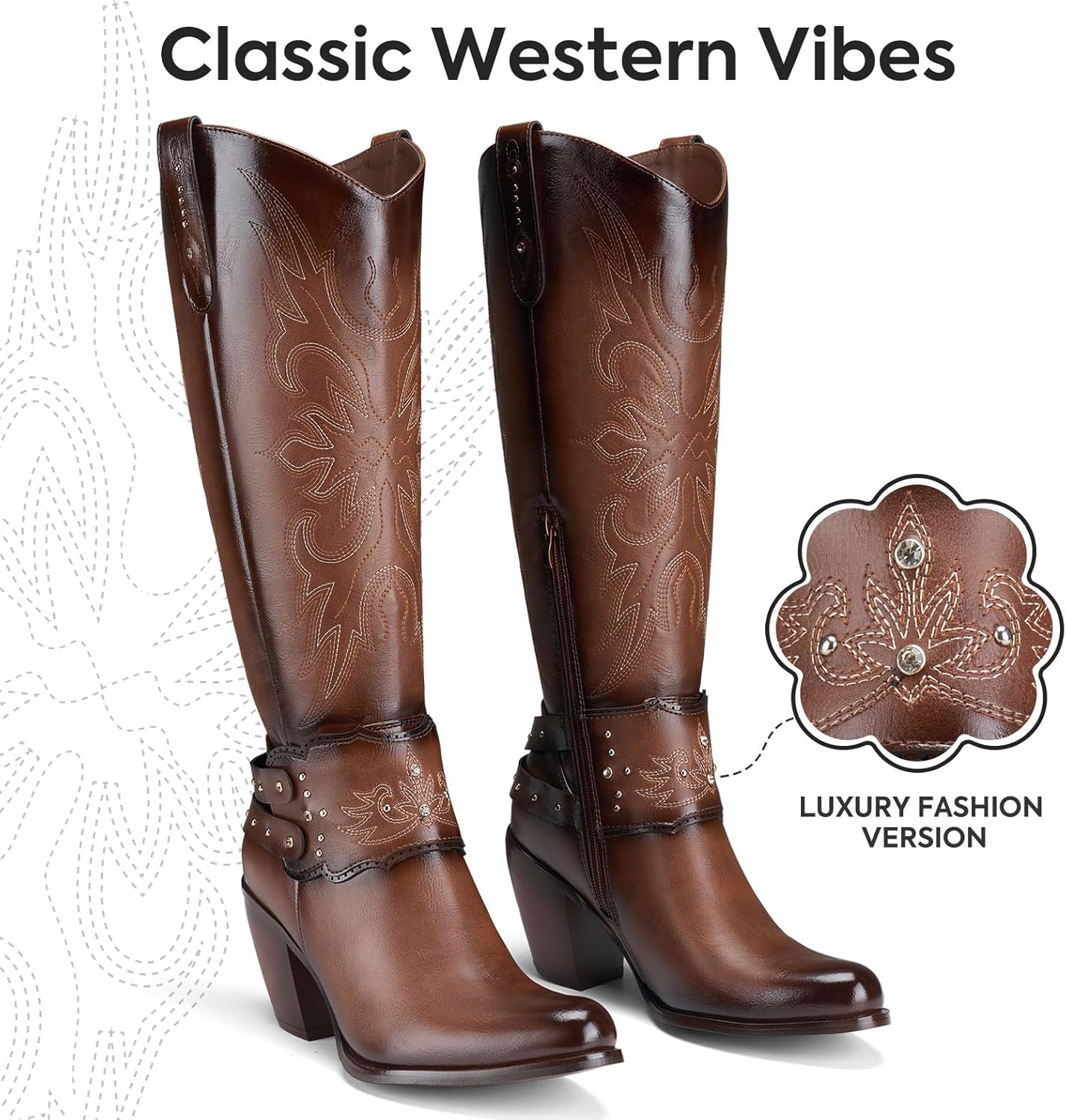 Thumbnail 3 de Rollda Cowboy Boots for Women: Knee-High Western Boots with Embroidery, Crystals, and Zipper