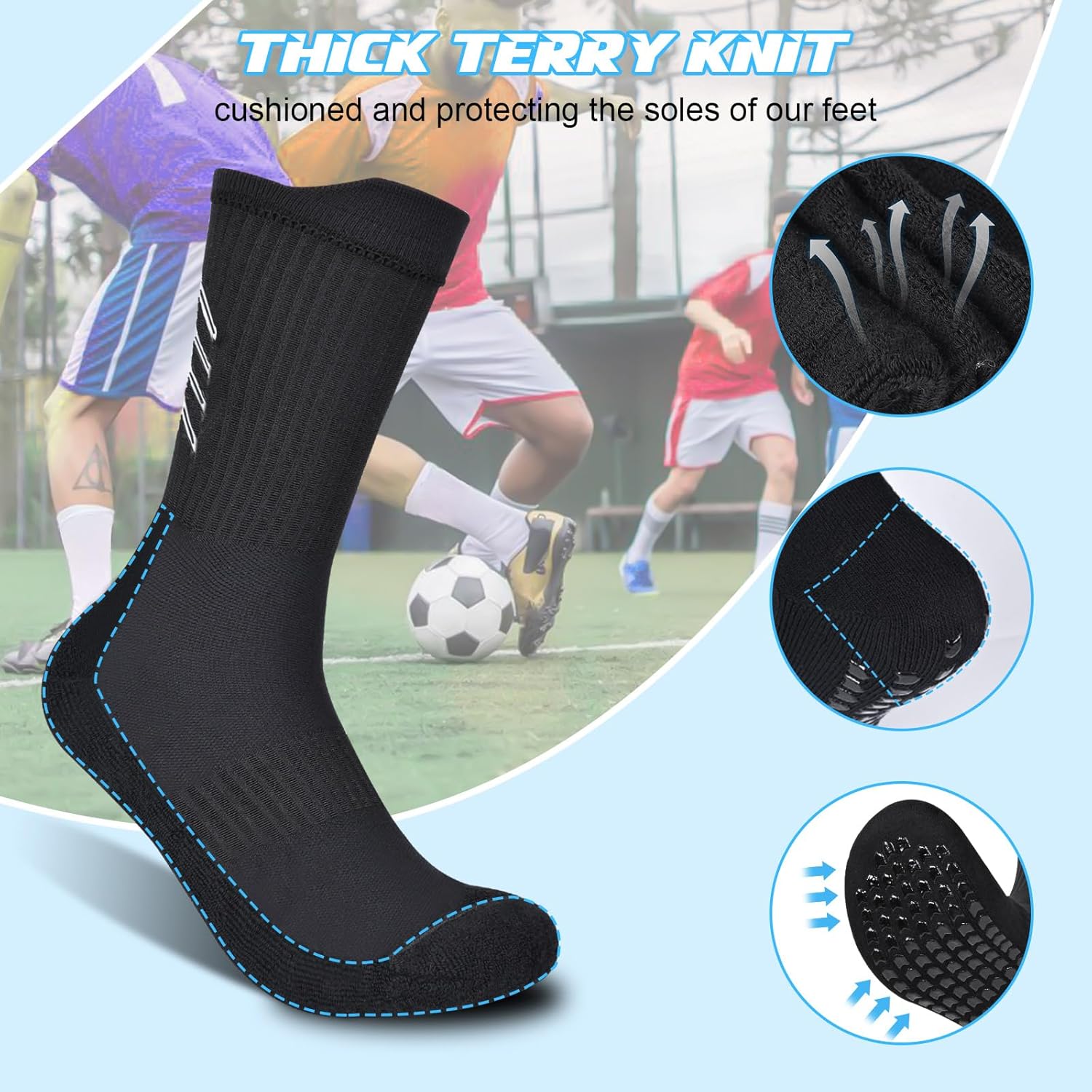 Detalle 2 de Gogogoal Chaussettes de football antidérapantes en coton (4 paires), mi-mollet, respirantes et confortables