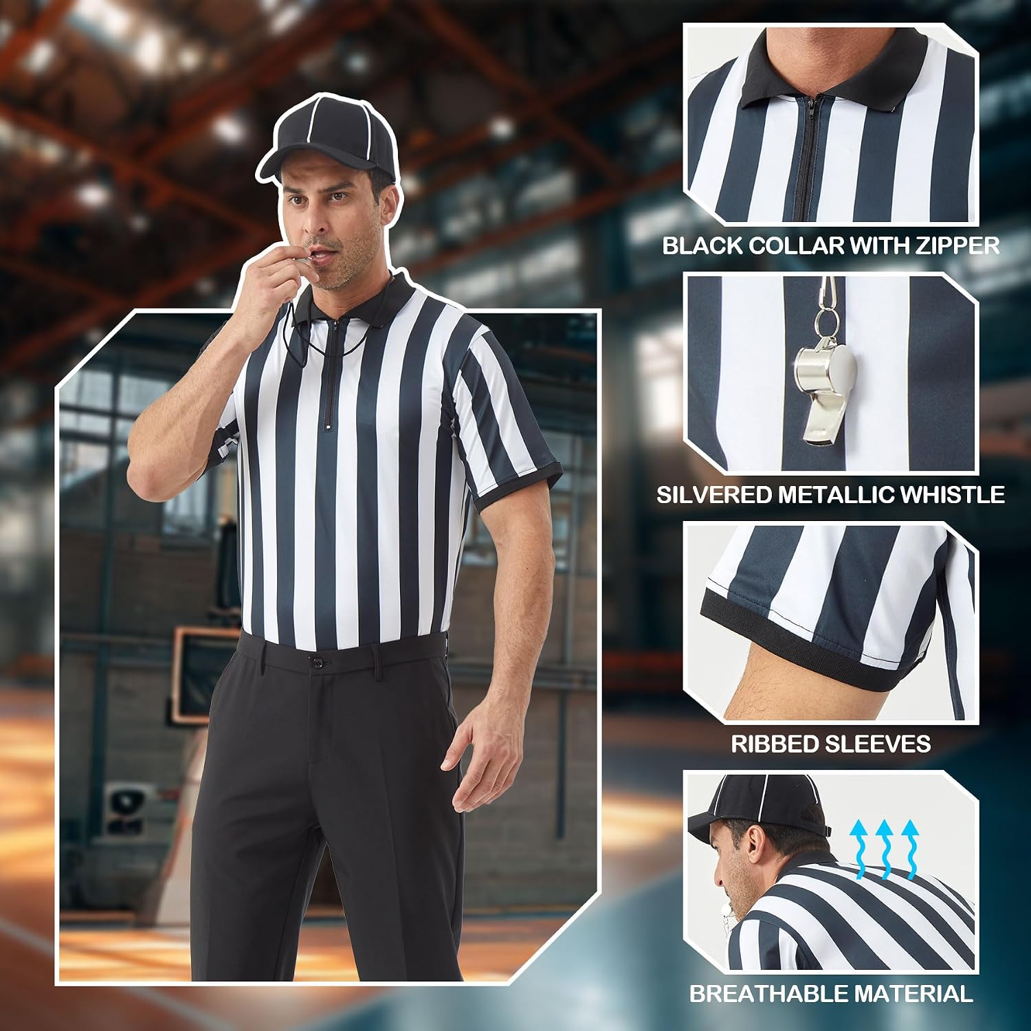 Detalle 2 de COSPELEY Referee Costume Set, Striped Jersey Shirt and Matching Hat