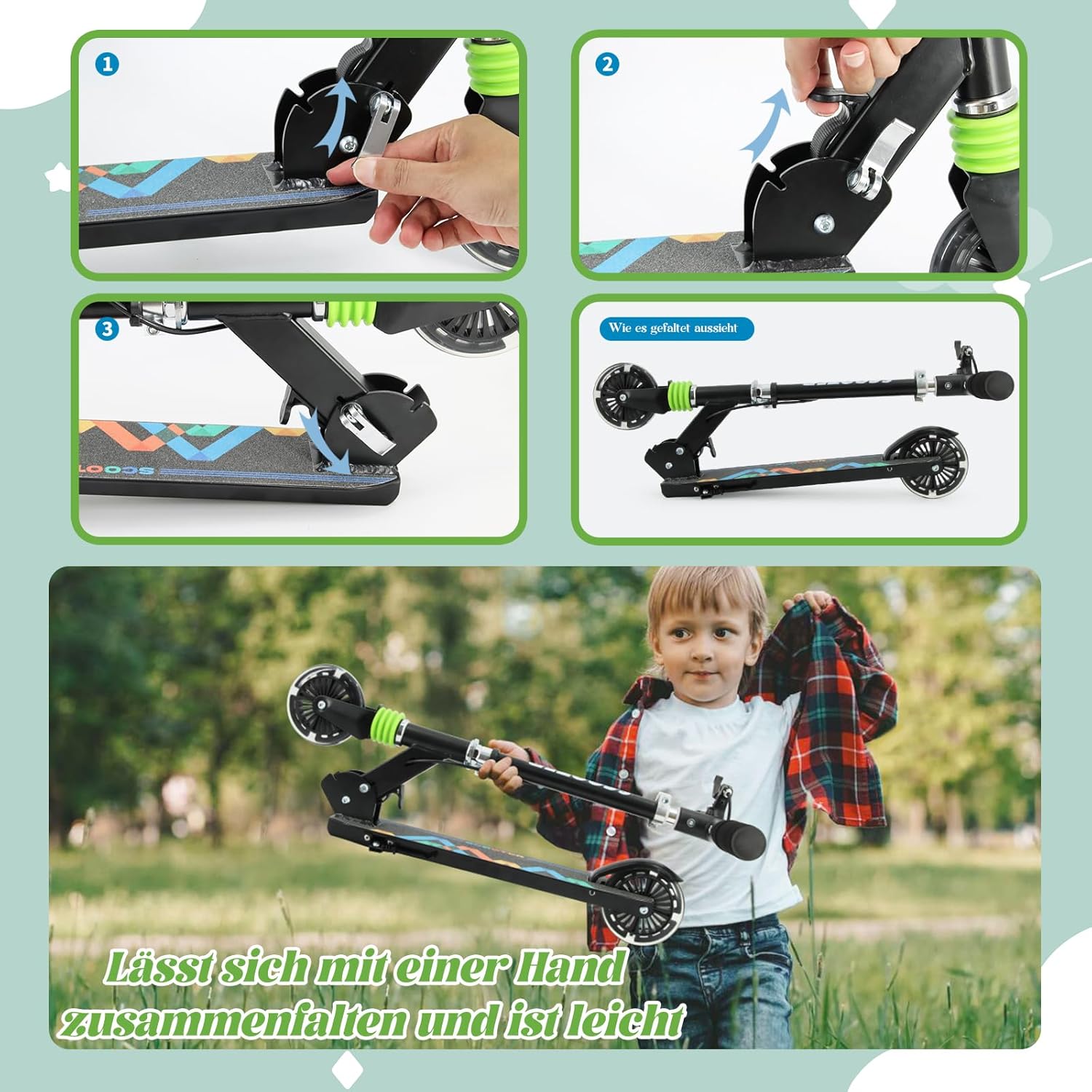 Detalle 1 de TENBOOM Roller für Kinder ab 3 Jahren mit 2 Rädern, klappbar, 3-fach höhenverstellbar und LED-Rädern
