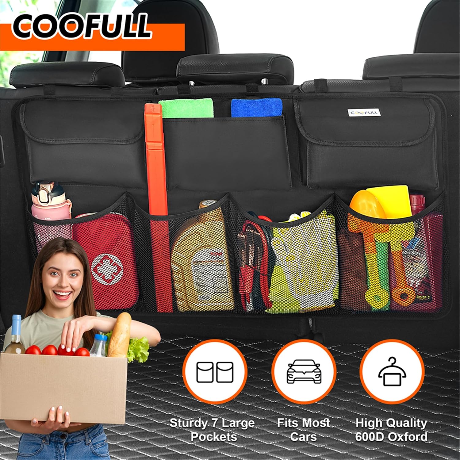 Detalle de COOFULL Car trunk organiser, 600D Oxford cloth