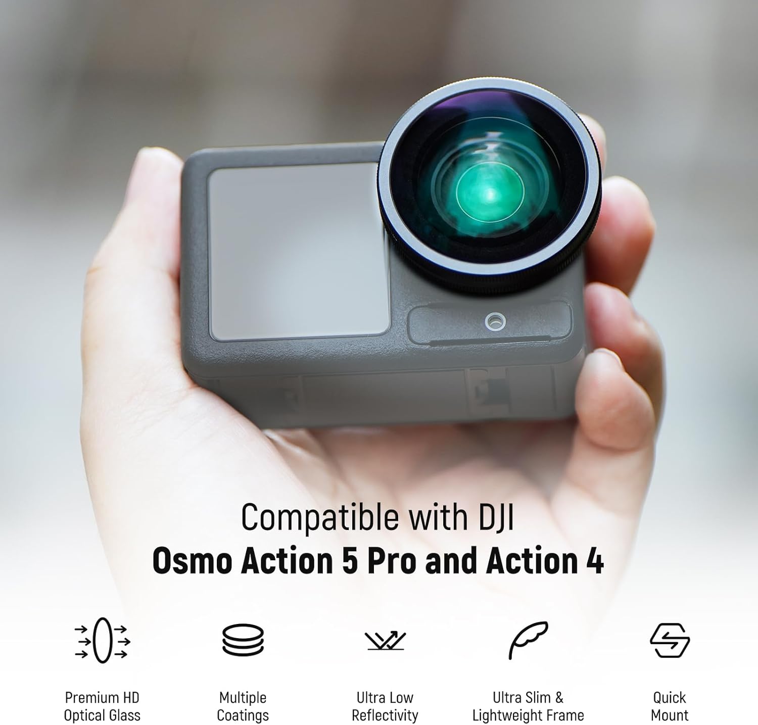 Detalle 2 de NEEWER Variables ND Filter Objektiv Set – Graufilter kompatibel mit DJI Osmo Action 5 Pro/4 (ND8-32, 185° FOV)