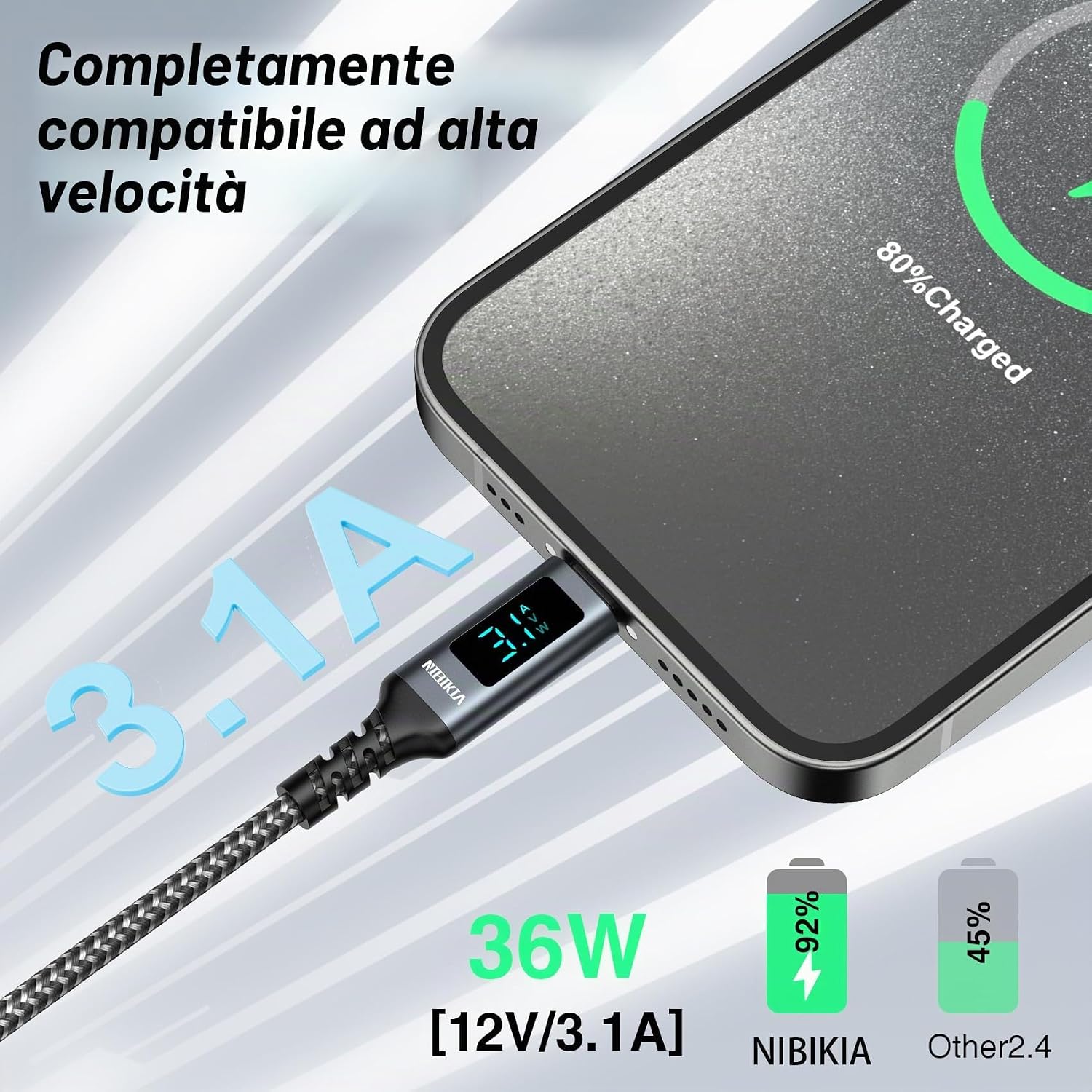 Detalle 2 de Cavo USB Type-C 1m USB 3.0 10Gbps con Display LED e Ricarica Rapida 3A – Compatibile con iPhone 15/16/17, Samsung Galaxy e altri