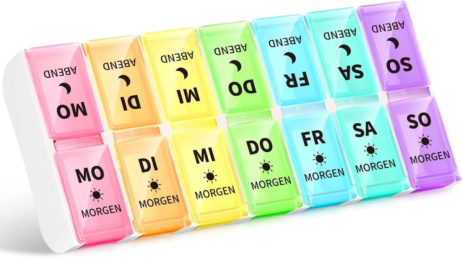 Detalle de Opret Deutsche Tablettenbox für 7 Tage (2 Fächer: morgens/abends), abnehmbar mit deutschem Aufdruck