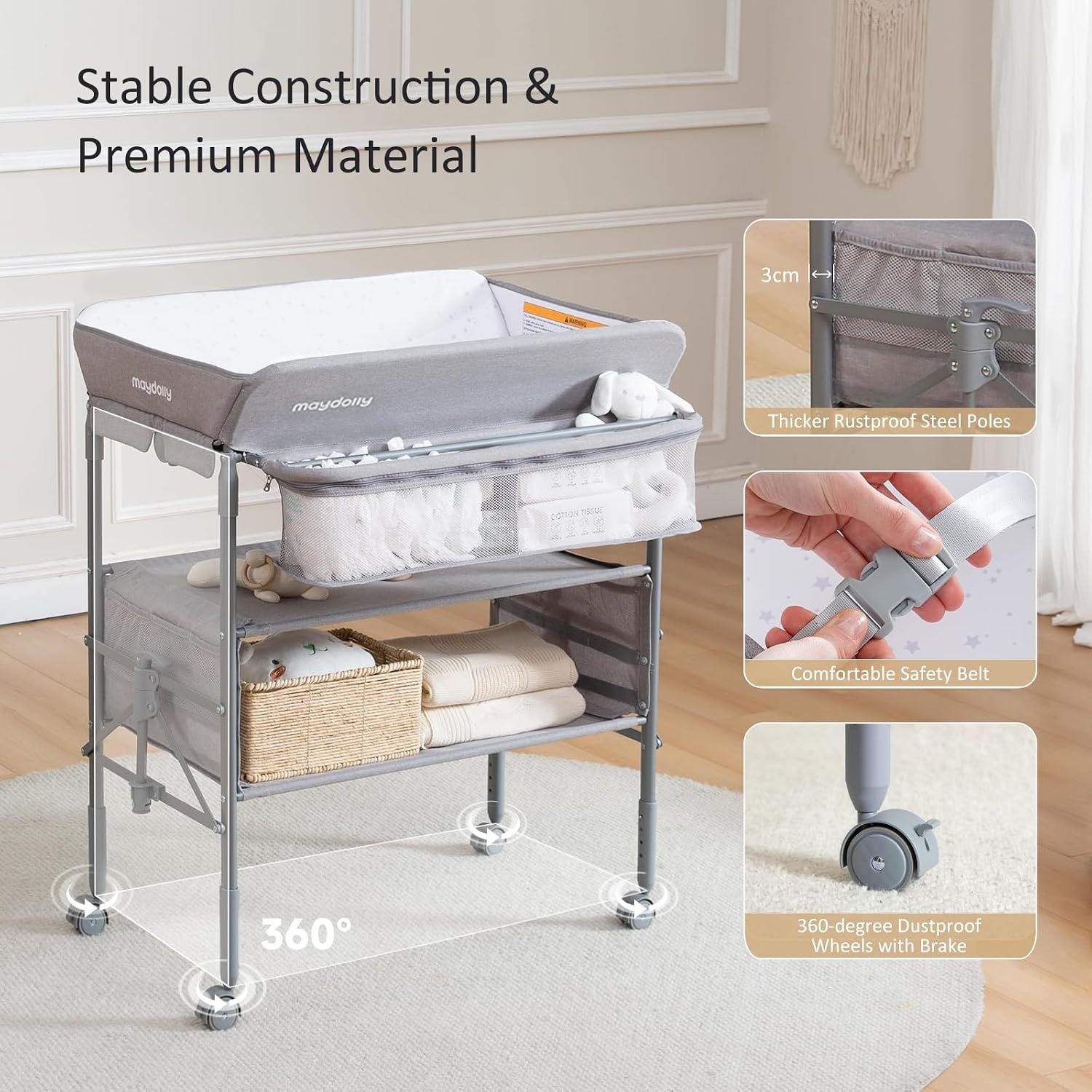 Detalle de Maydolly 248 Baby Changing Table, Adjustable Height, Waterproof Foldable Design