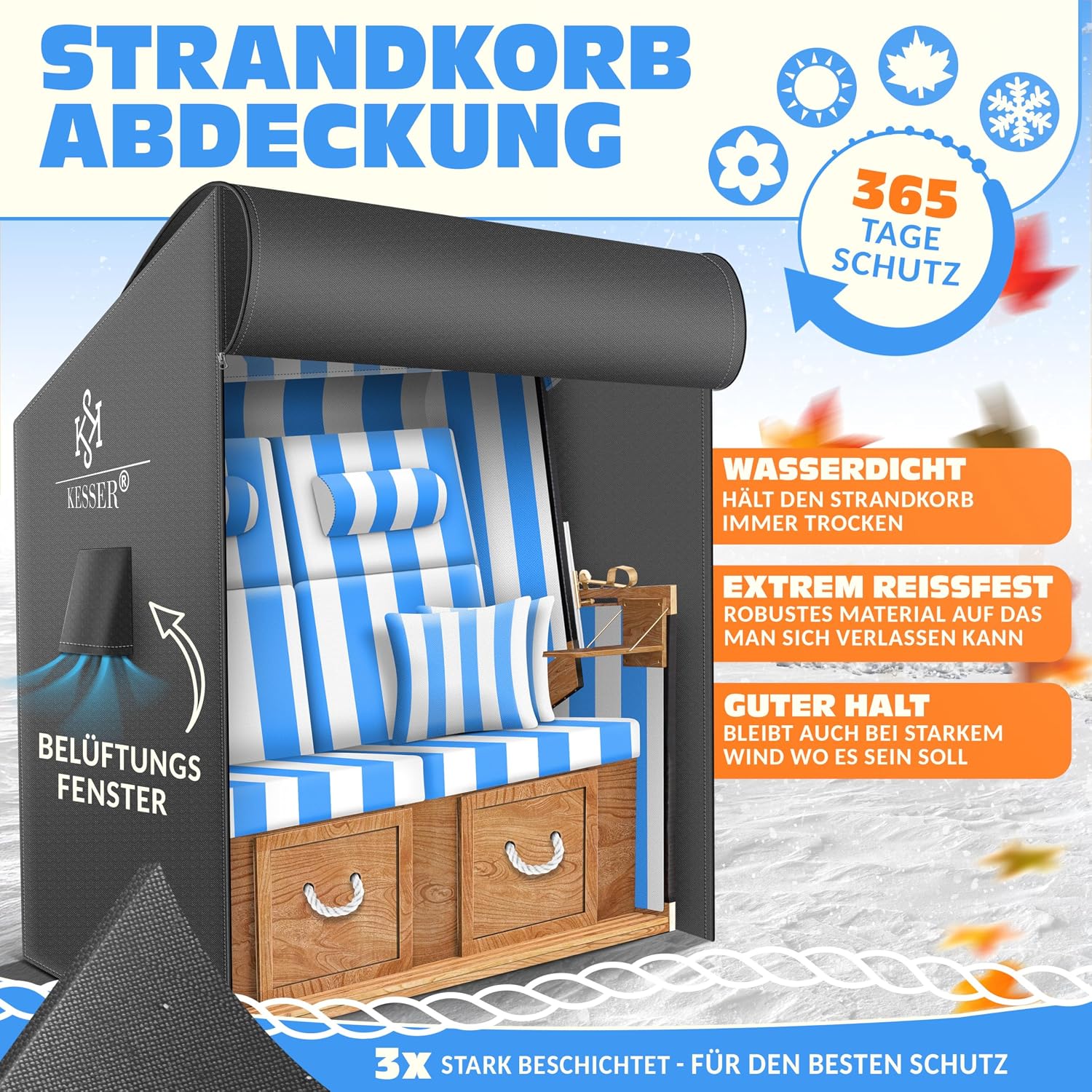 Thumbnail 1 de KESSER Premium Strandkorb Schutzhülle – 120x90x160 cm, UV- & wasserdicht, 600D Oxford-Gewebe, belüftete Abdeckung in Anthrazit