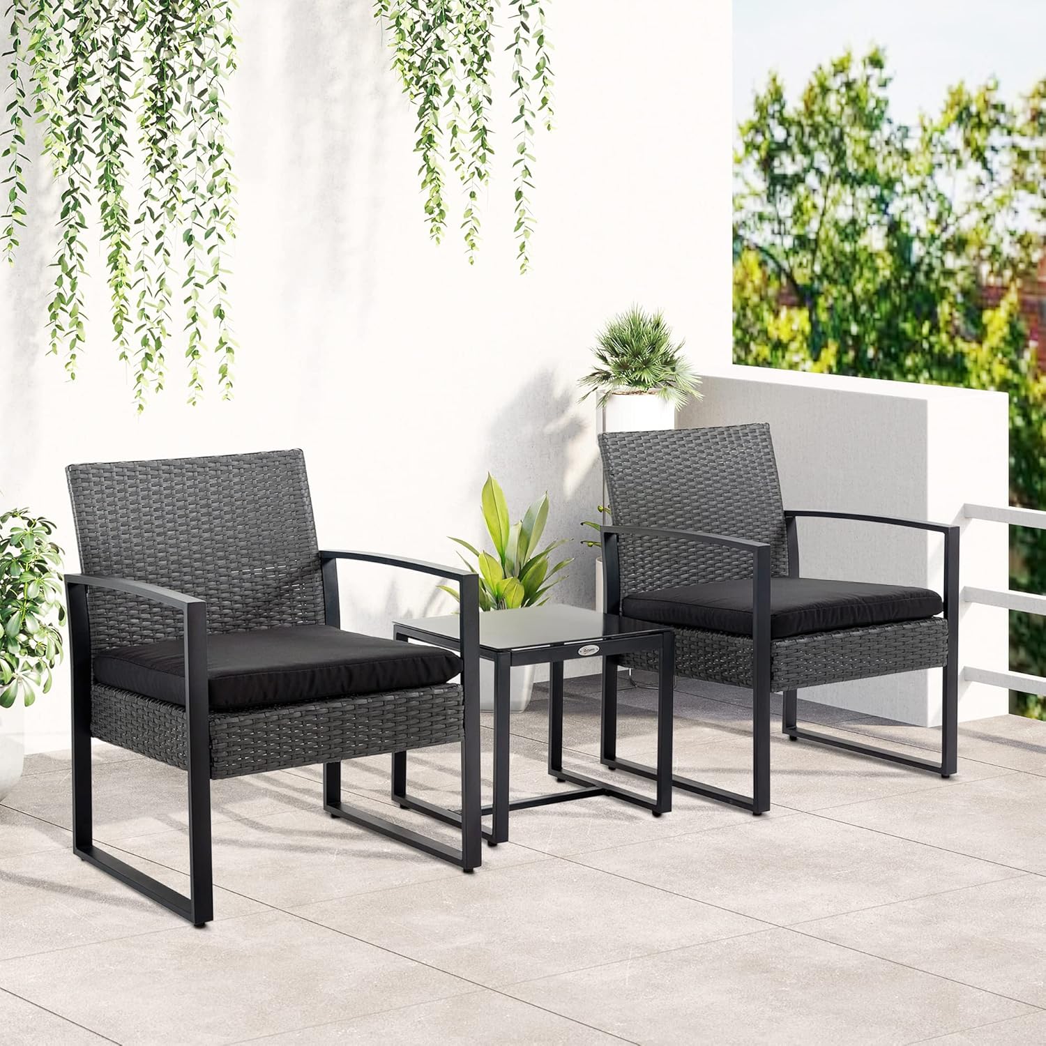 Thumbnail 1 de Outsunny Salon de Jardin 2 Places – Ensemble rotin PE avec Table Verre Trempé (gris)