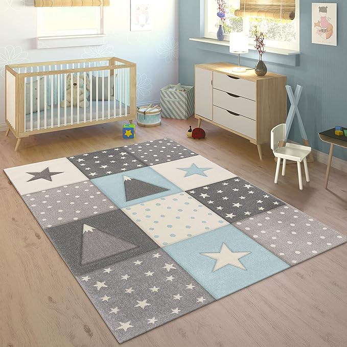 Detalle de Paco Home Alfombra Infantil Pastel Blanco, Cuadros y Estrellas