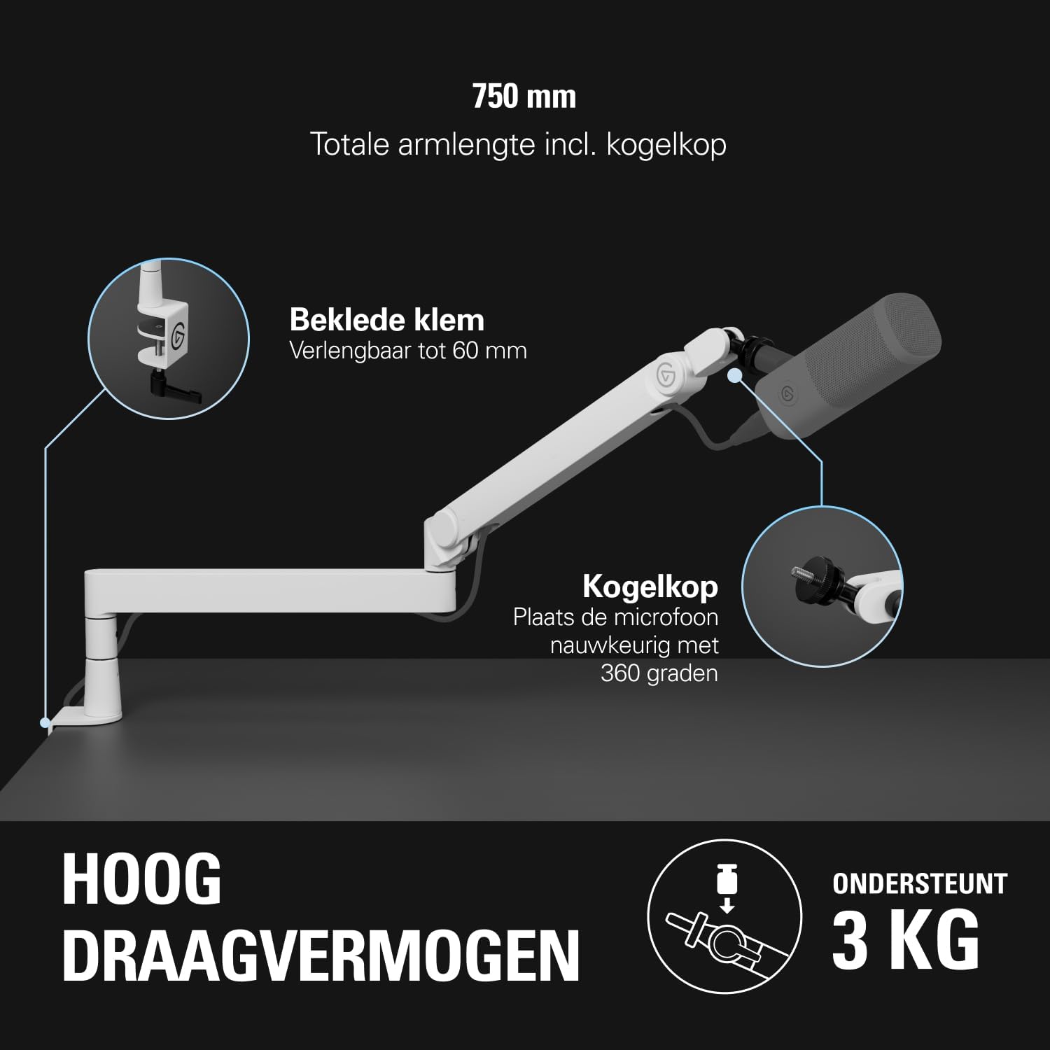 Detalle de Elgato Wave Mic Arm Pro White microfoonarm met gasveer en 360 graden draaibereik