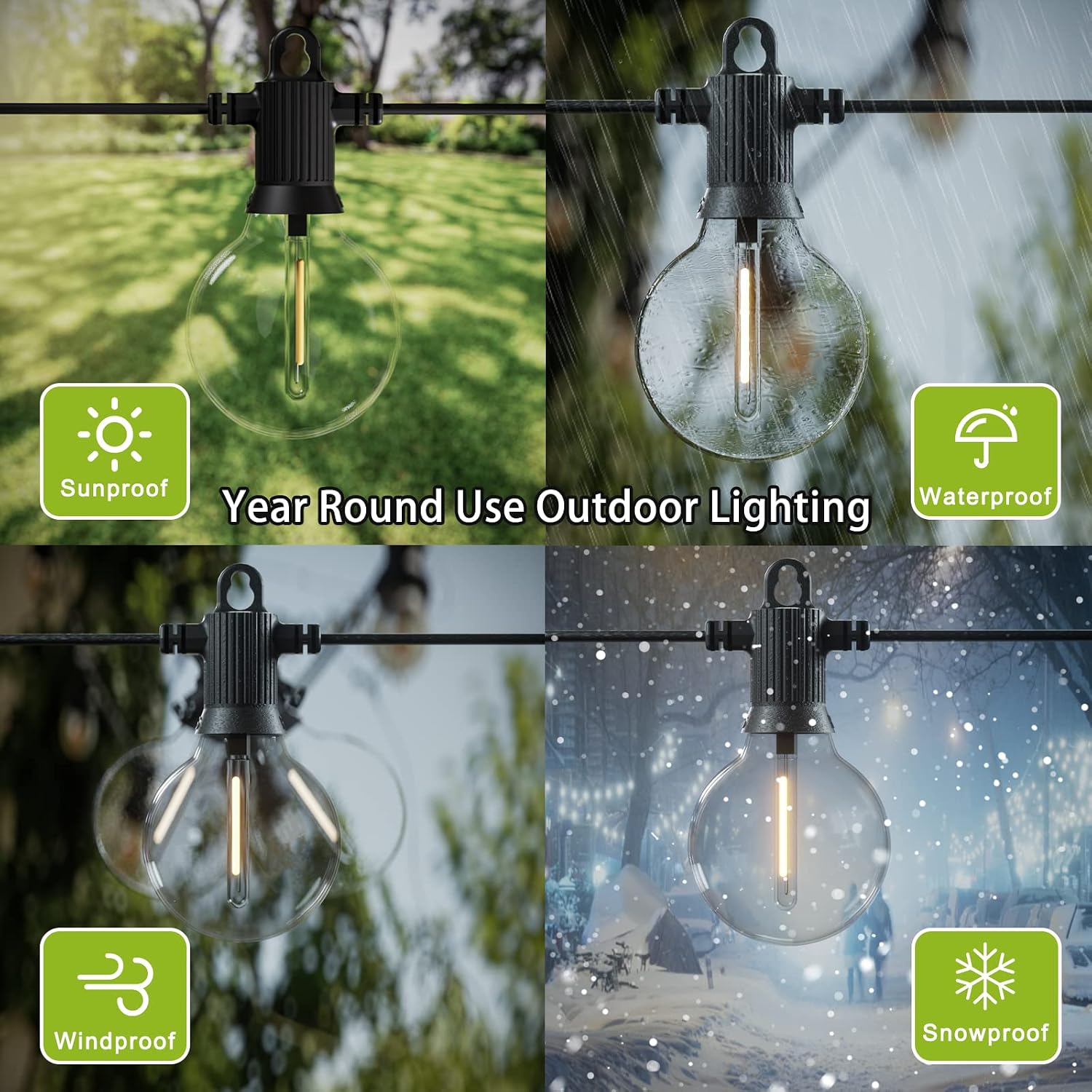 Detalle de Kawaya LED Outdoor String Light 30M | IP65, Shatterproof 50+2 Bulbs, Warm White Festoon