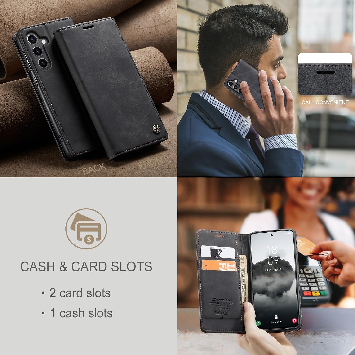 Detalle 2 de Cracedily Handyhülle für Samsung Galaxy S24 FE 5G – Klapp-Flip-Case mit Kartenfach, Magnet und Standfunktion, Schwarz