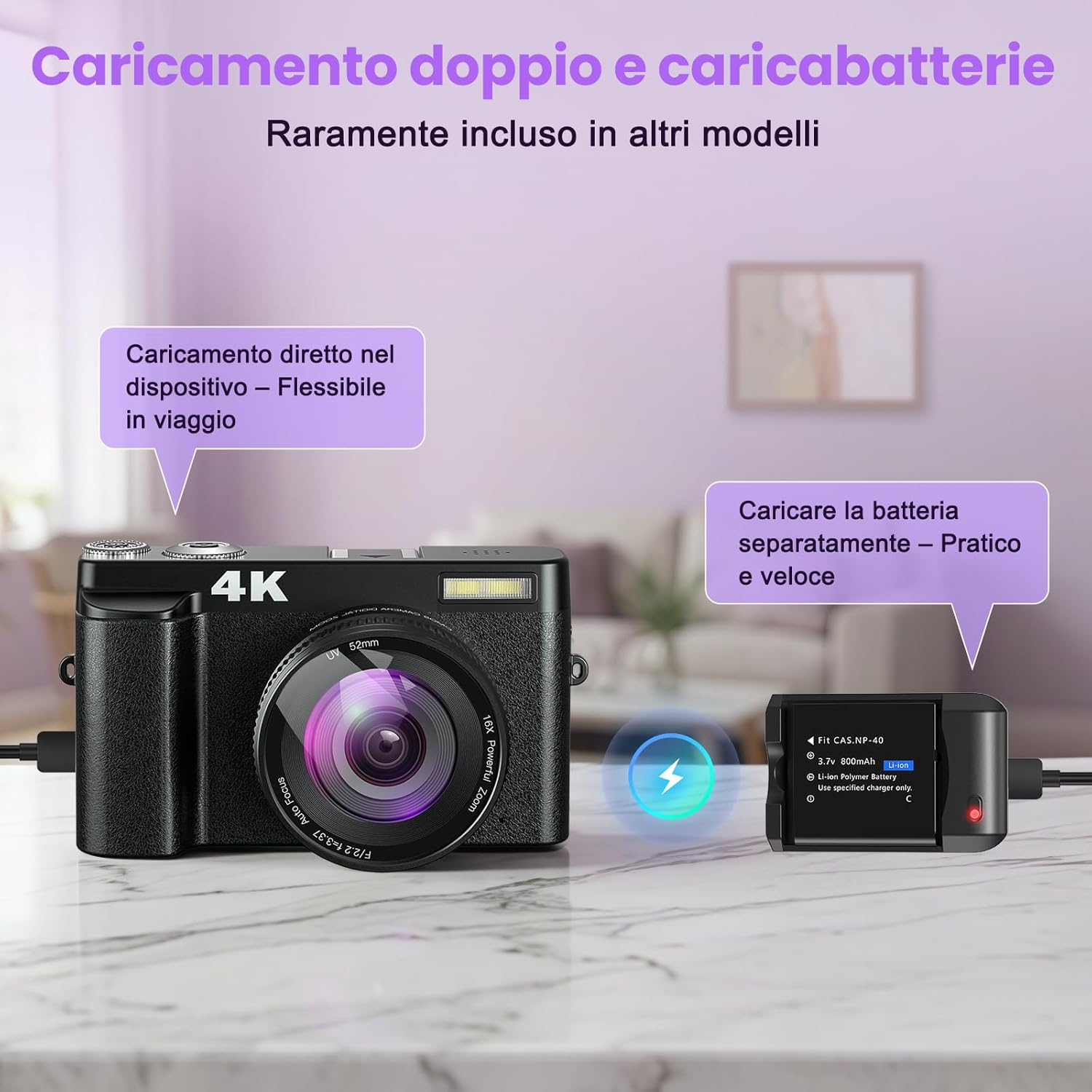 Thumbnail 4 de Fotocamera Digitale 4K 64MP WiFi 16X Zoom con Schermo Girevole 180° – Kit Completo per Vlog e Selfie