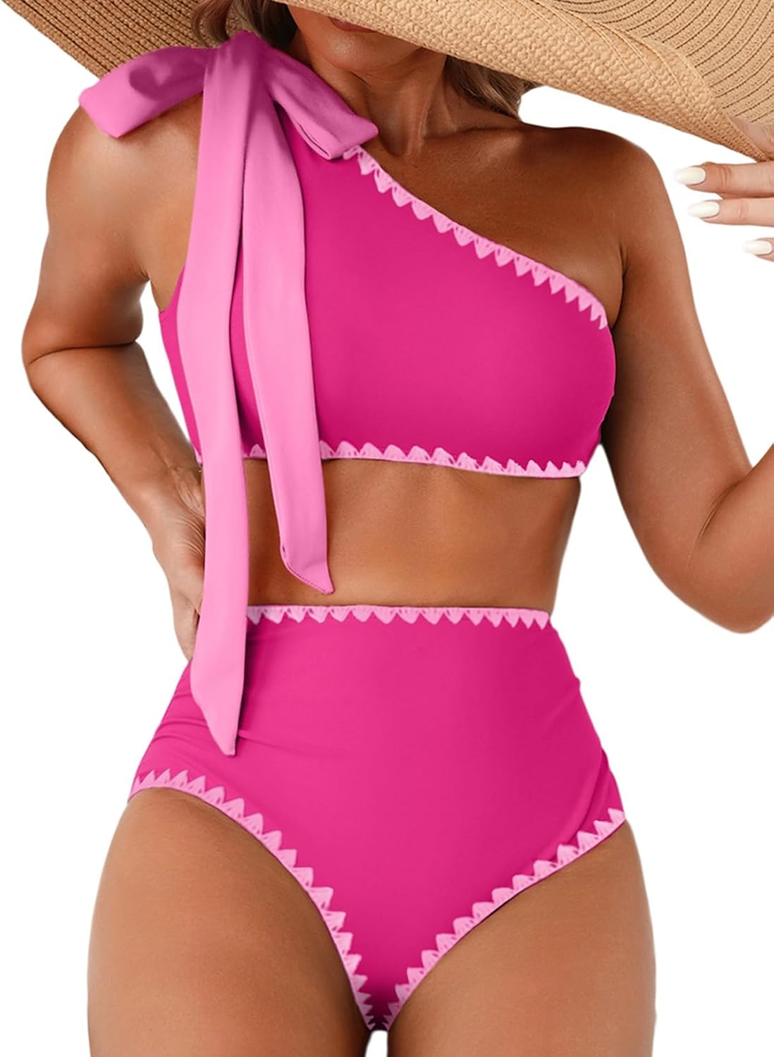 Detalle de Herseas Women’s One Bow Shoulder Ruched One-Shoulder Bikini Set (2-Piece)
