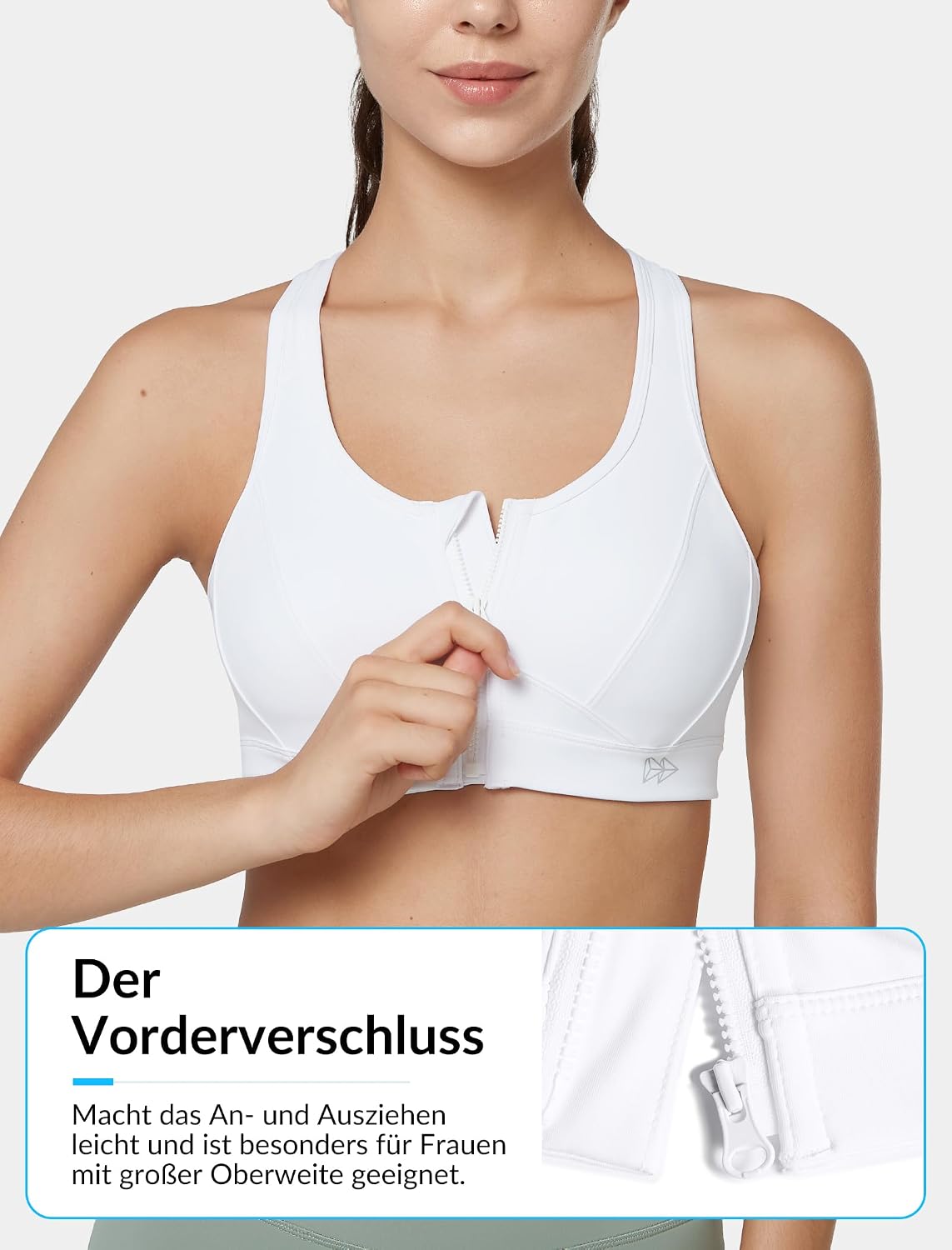 Detalle de Yvette Sport BH Starker Halt mit Front-Reißverschluss – Große Größe, Mesh-Rücken