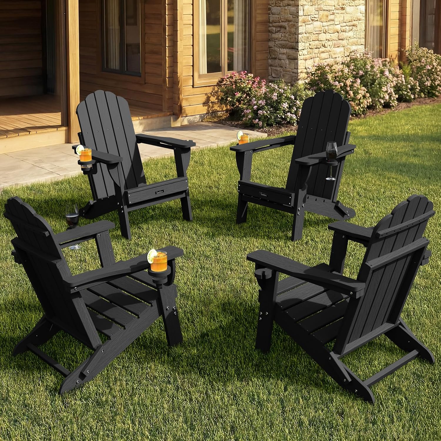 Detalle 2 de Eesdom Folding Adirondack Chairs, Set of 4, Black with 2 Cup Holders