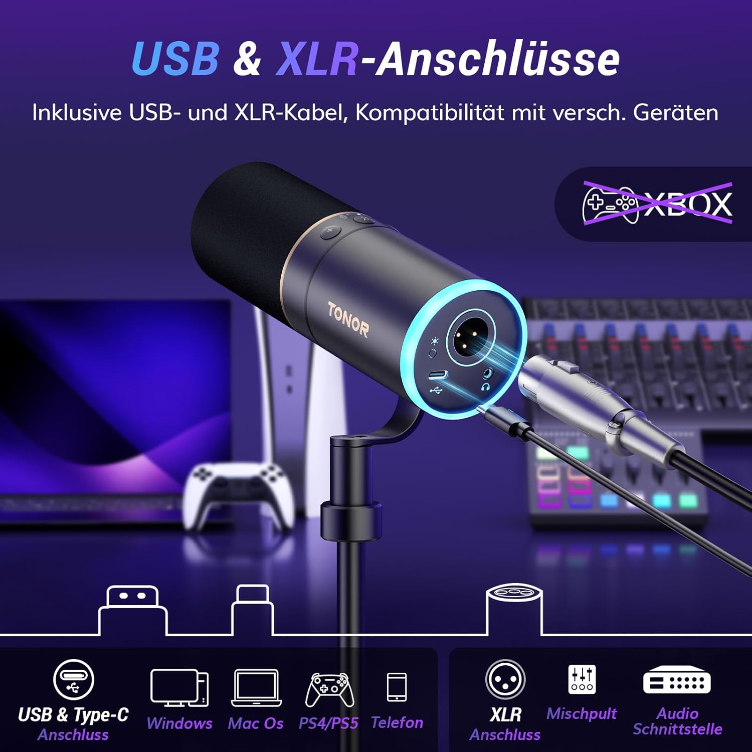 Thumbnail 4 de TONOR TD520S dynamisches Mikrofon mit XLR/USB für Streaming, Gaming & Studio, inkl. 200-cm-Kabel und RGB-Ständer