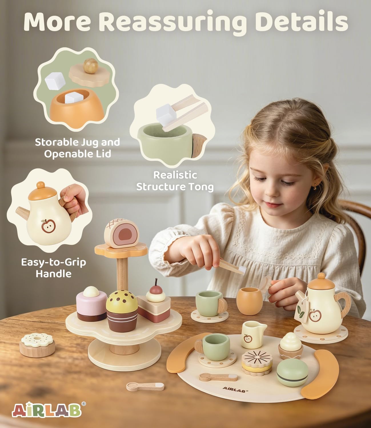 Detalle de Airlab Services à Thé Bois – Service à thé en bois pour jeu de rôle et atelier de cuisine enfant (3+)