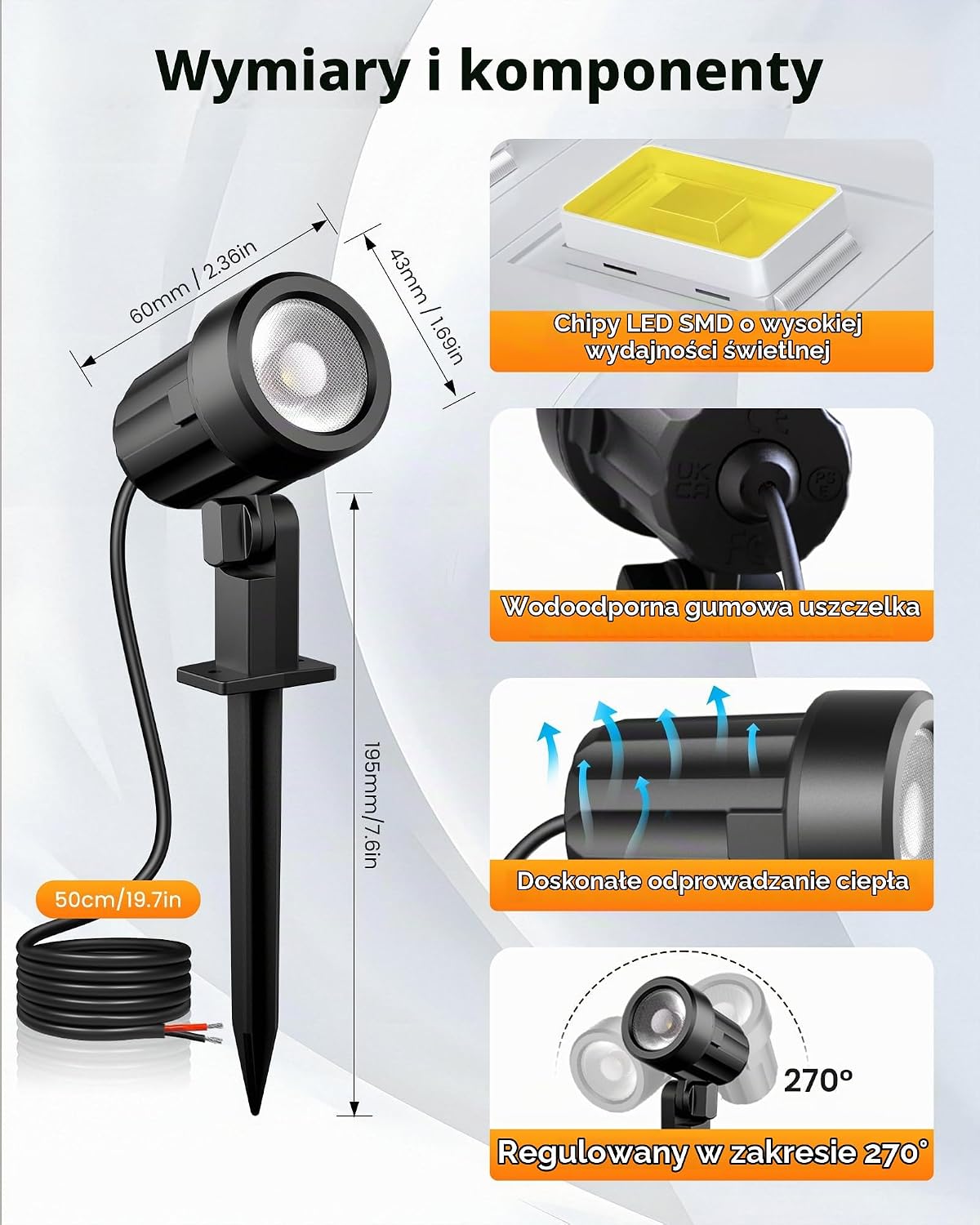 Detalle de MEIKEE DSTA03 – zestaw reflektorów ogrodowych LED, 8 szt., IP66, ciepła biel