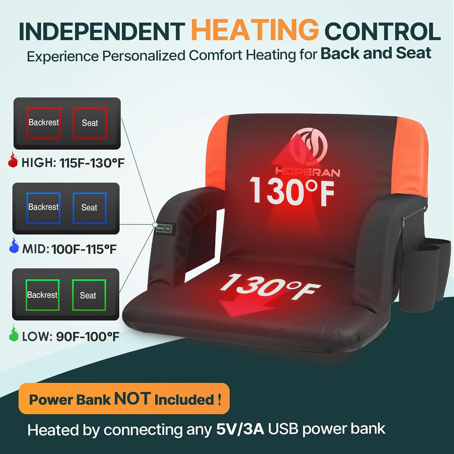 Detalle de HOPERAN JRZY-SK-OR Heated Stadium Seat, Dual-Zone Heat, 6 Recline Positions