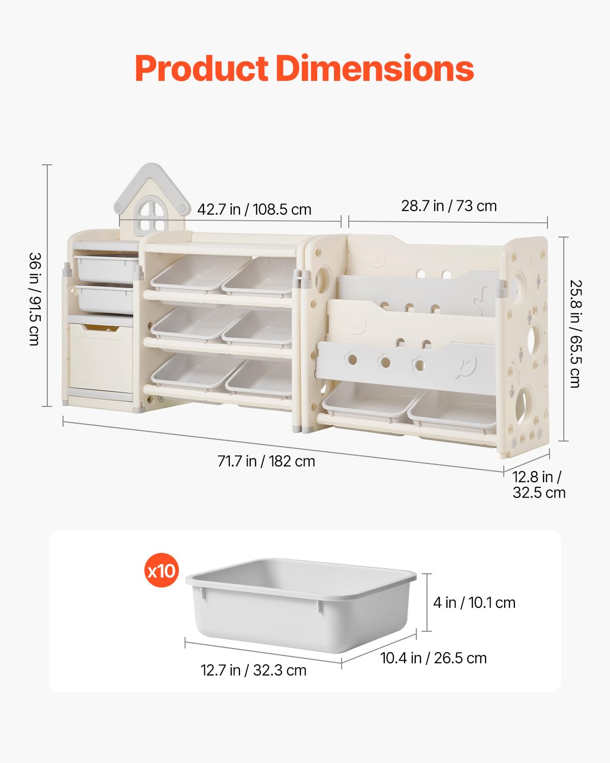Thumbnail 2 de VEVOR Meuble de Rangement Jouets Enfant à 4 Niveaux avec Bibliothèque et 10 bacs amovibles – Gris et Beige