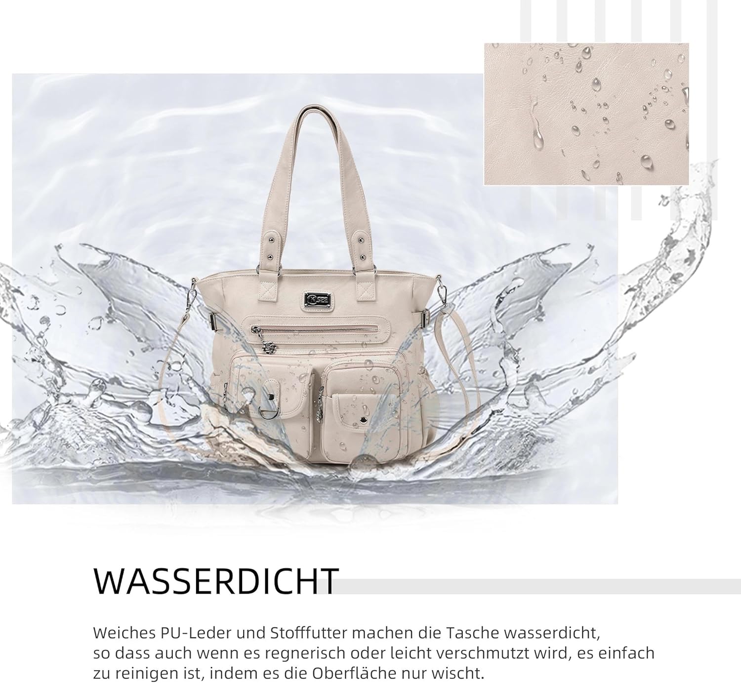 Thumbnail 6 de KL928 Handtasche Damen Umhängetasche Schultertasche mit vielen Fächern (KL928), Hellgrau Beige Cream