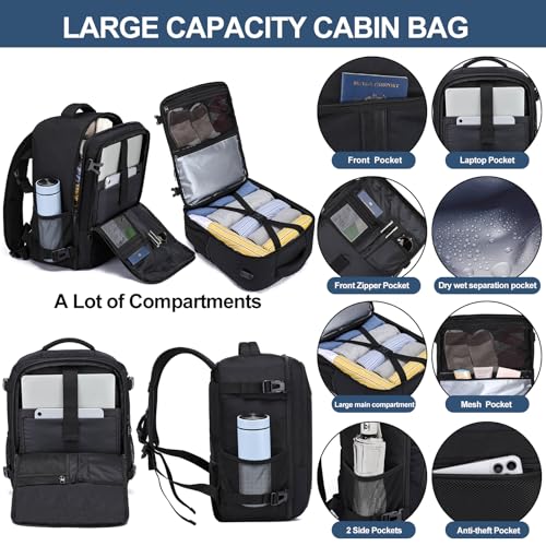 Thumbnail 3 de PUSLOM Bagage cabine 40x30x20 cm – Sac à dos voyage cabine USB, 24 L, compatible Ryanair/Wizz Air/Eurowings – Noir