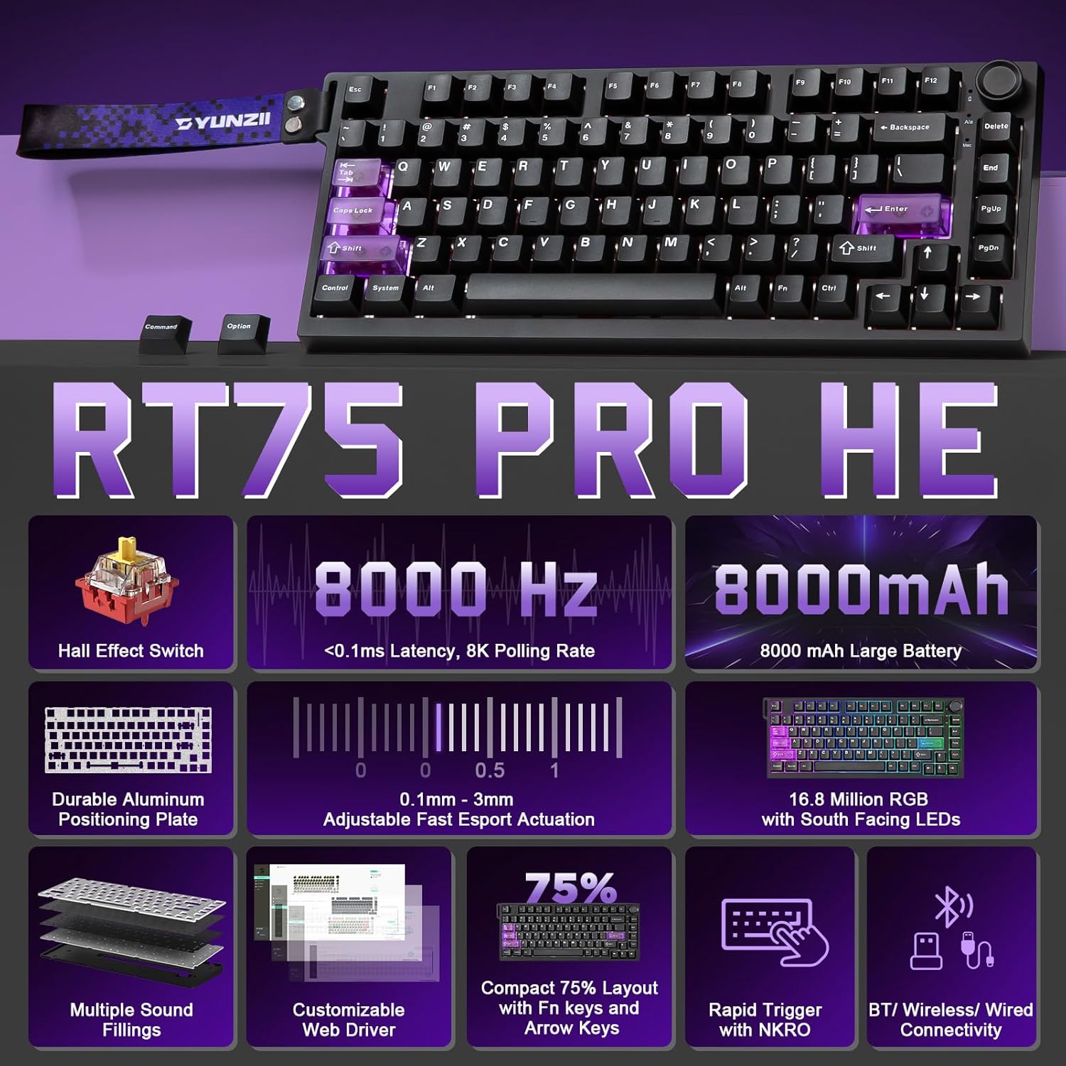 Detalle de YUNZII RT75 PRO Drahtlose Gaming-Tastatur mit Hall-Effekt und Magnetic Red Switch