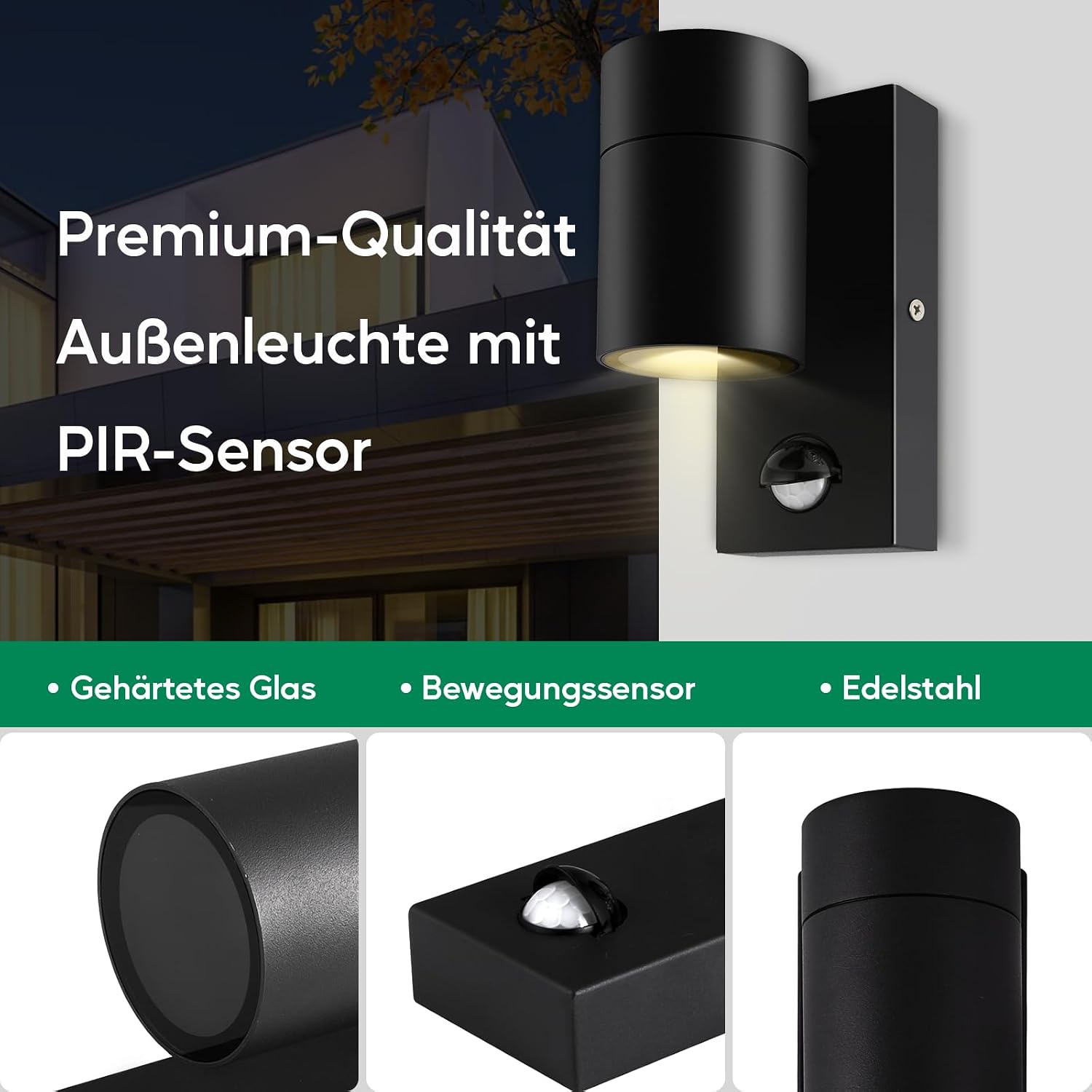 Detalle de Kerry Outdoor Motion Sensor Wall Lights (PIR) – IP44 Black Stainless Steel Downlights for Mains Power