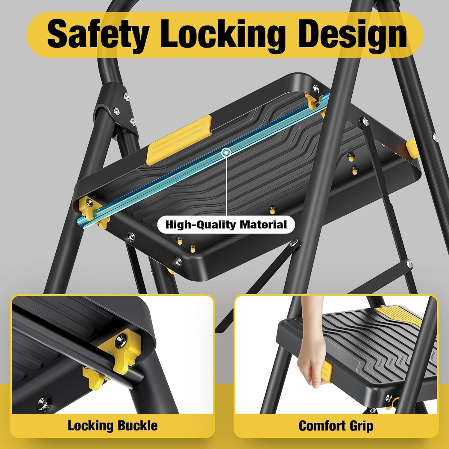 Detalle 2 de Urackify 2 Step Ladder (Heavy-Duty, 330 LBS capacity) with anti-slip steps and secure handrail