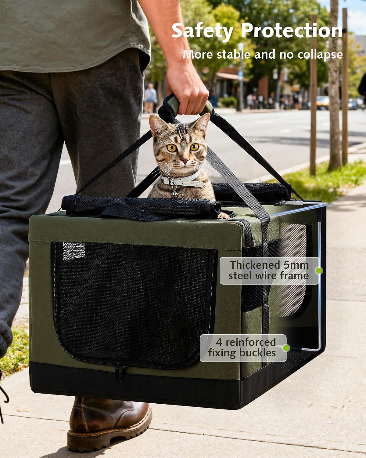 Detalle de Pecute Katzentransportbox für 2 Katzen (faltbar) – Transporttasche mit stabilem Edelstahlrahmen, Dunkelgrün
