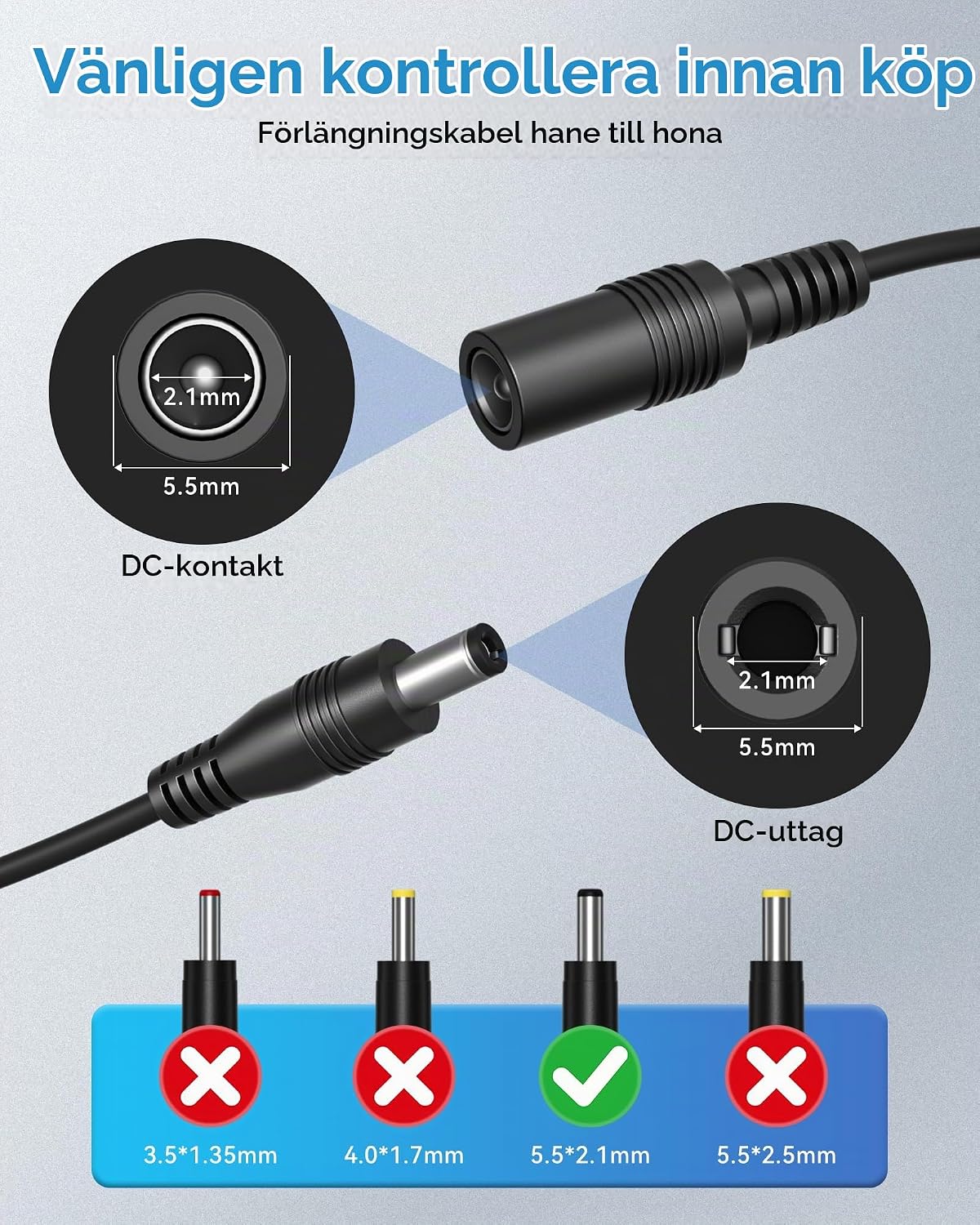 Thumbnail 1 de Sanicata 10 m DC-förlängningskabel, 12 V, 5,5 × 2,1 mm, hona till hane