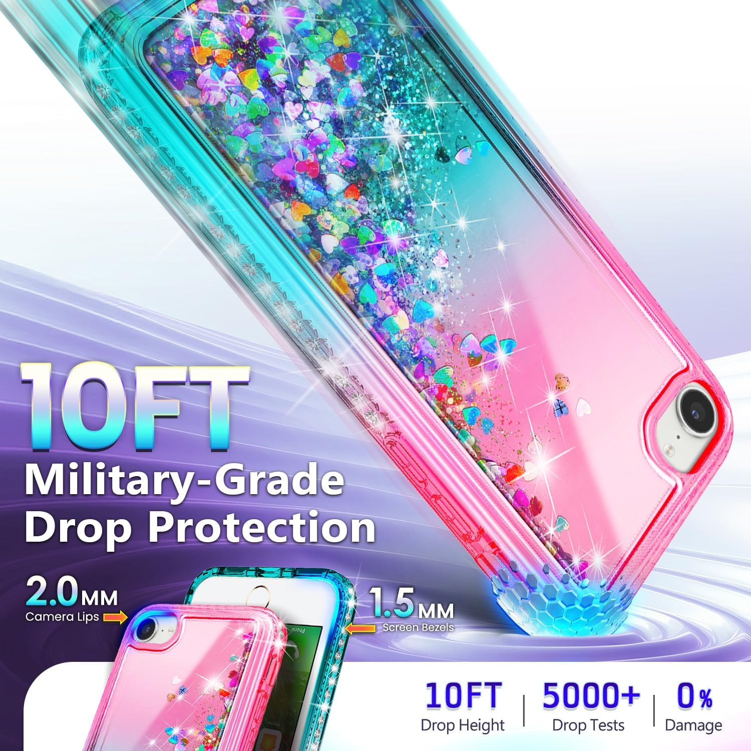 Thumbnail 4 de NGB Glitter Liquid Case for iPhone SE (3rd/2nd Gen) & iPhone 8/7/6/6S – Pink/Aqua with Tempered Glass, Ring Holder & Lanyard