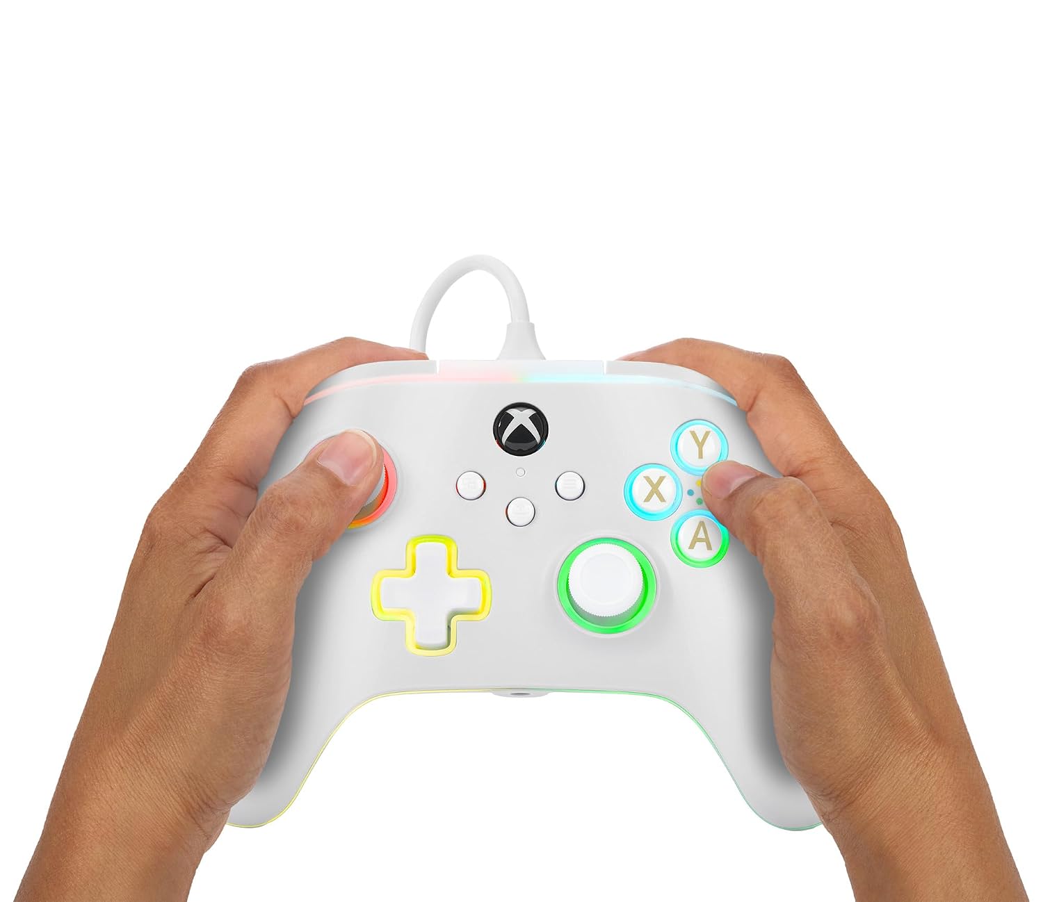 Detalle de PowerA kabelgebundener Advantage-Controller für Xbox Series X|S (Lumectra, weiß) mit Multizonen-RGB und 3-Wege-Trigger-Locks