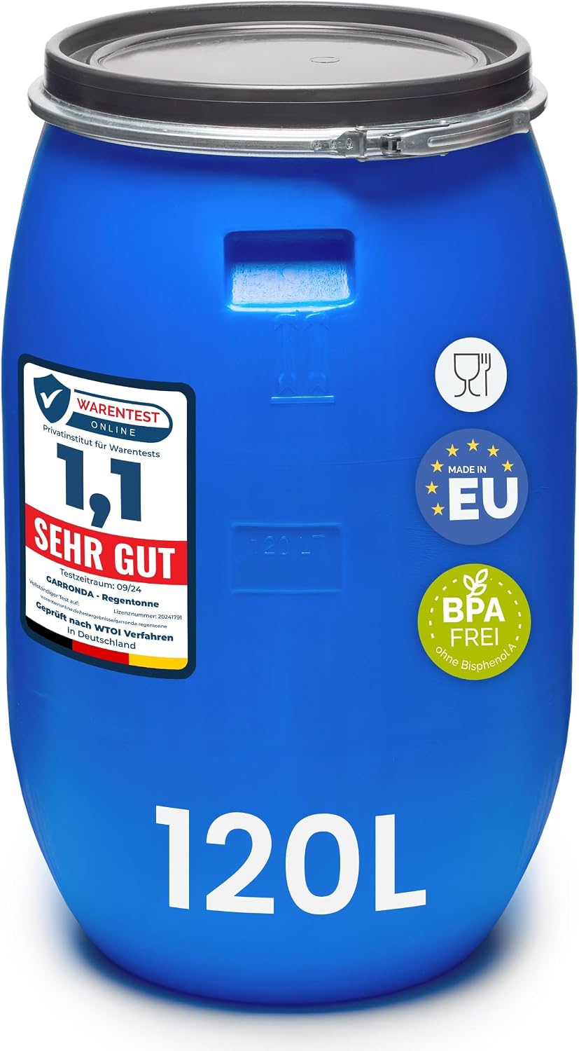 Detalle de Garronda Garronda 120-Liter Deckelfass mit Weithals – HDPE Regen- und Lebensmittelfass GD-0078 (blau)
