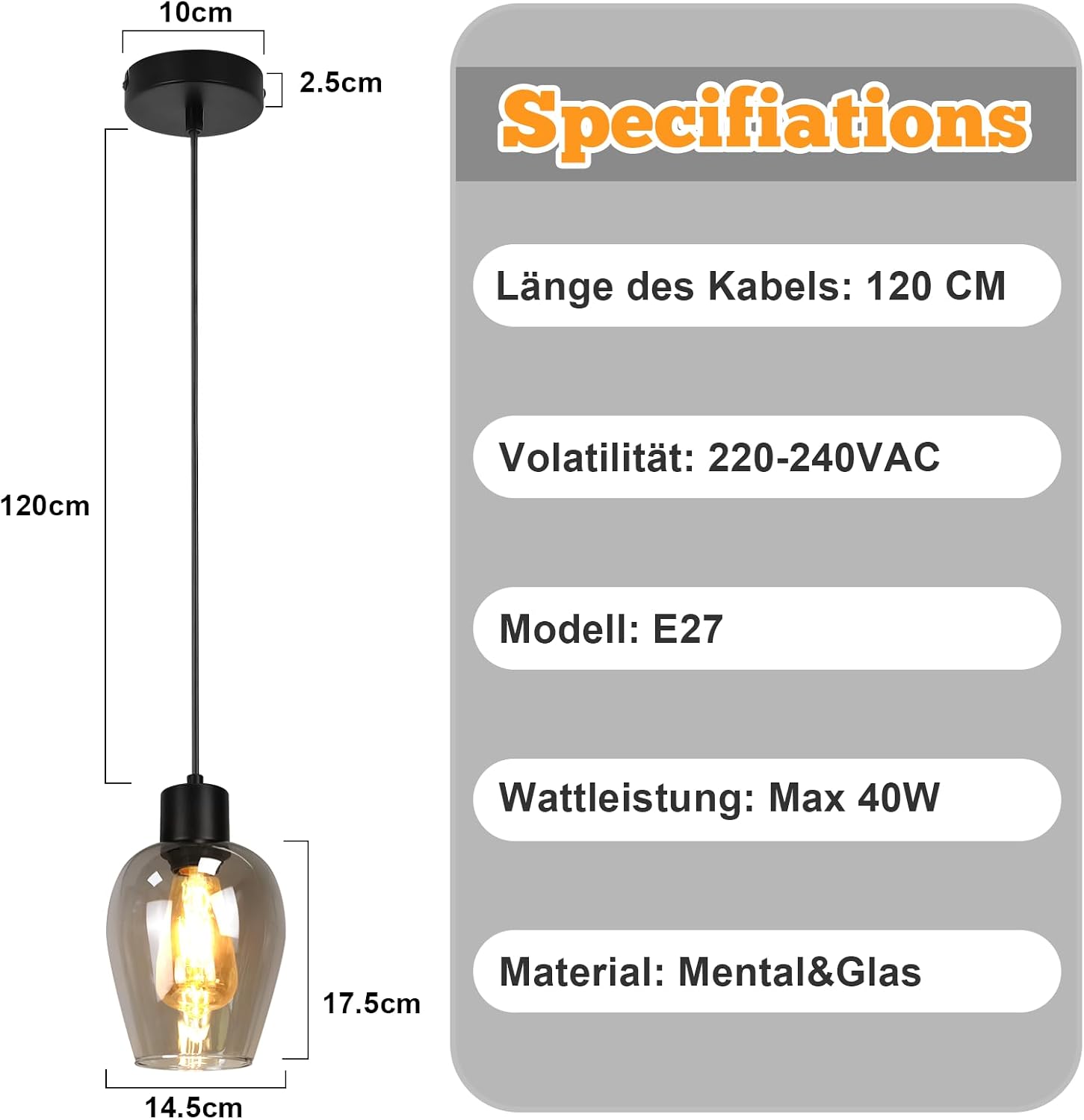 Detalle 2 de Lichtmaler ZMY-1270110YH – czarna lampa wisząca E27, metal i dymione szkło
