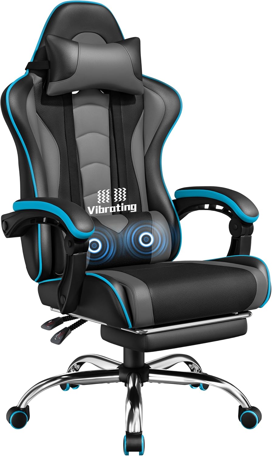 Detalle de Yaheetech sedia gaming ergonomica massaggiante reclinabile con poggiapiedi e supporto lombare, grigio
