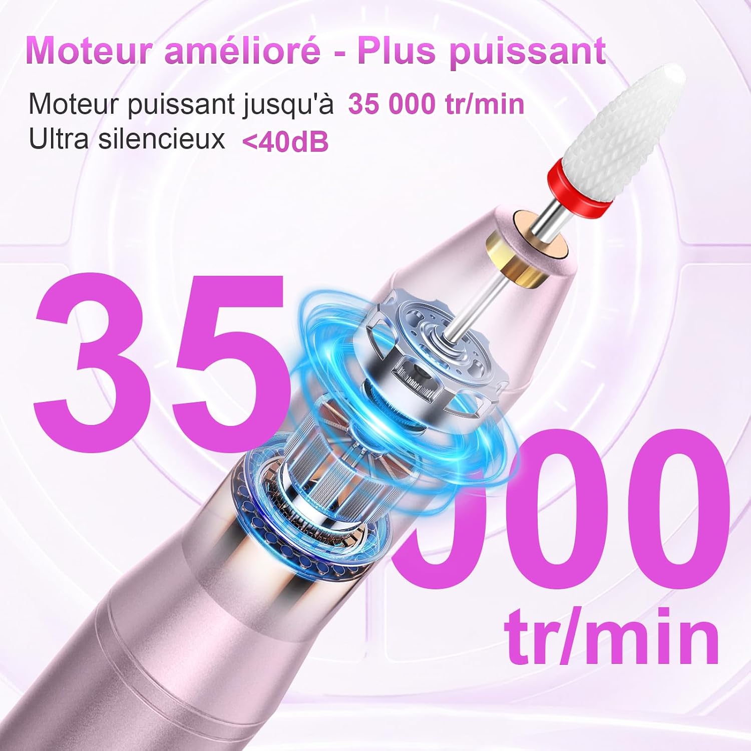 Detalle de POFIBO Ponceuse pour Ongles Professionnel – Lime à Ongle Électrique 12 en 1, 35000 RPM, LCD, Sans Fil, 5 Vitesses (Rose)
