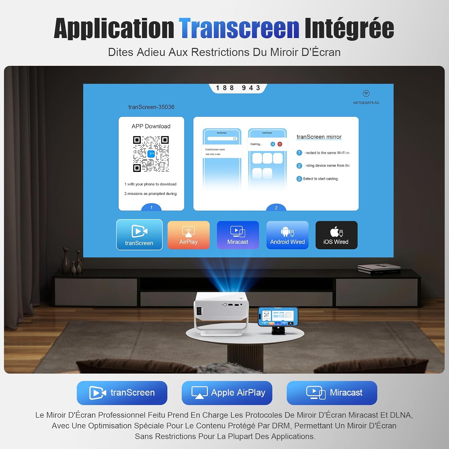 Detalle de Android 14 Videoprojecteur 4K & 1080p – 270°, WiFi 6 et Bluetooth 5.2, portable, 300 ANSI lumens