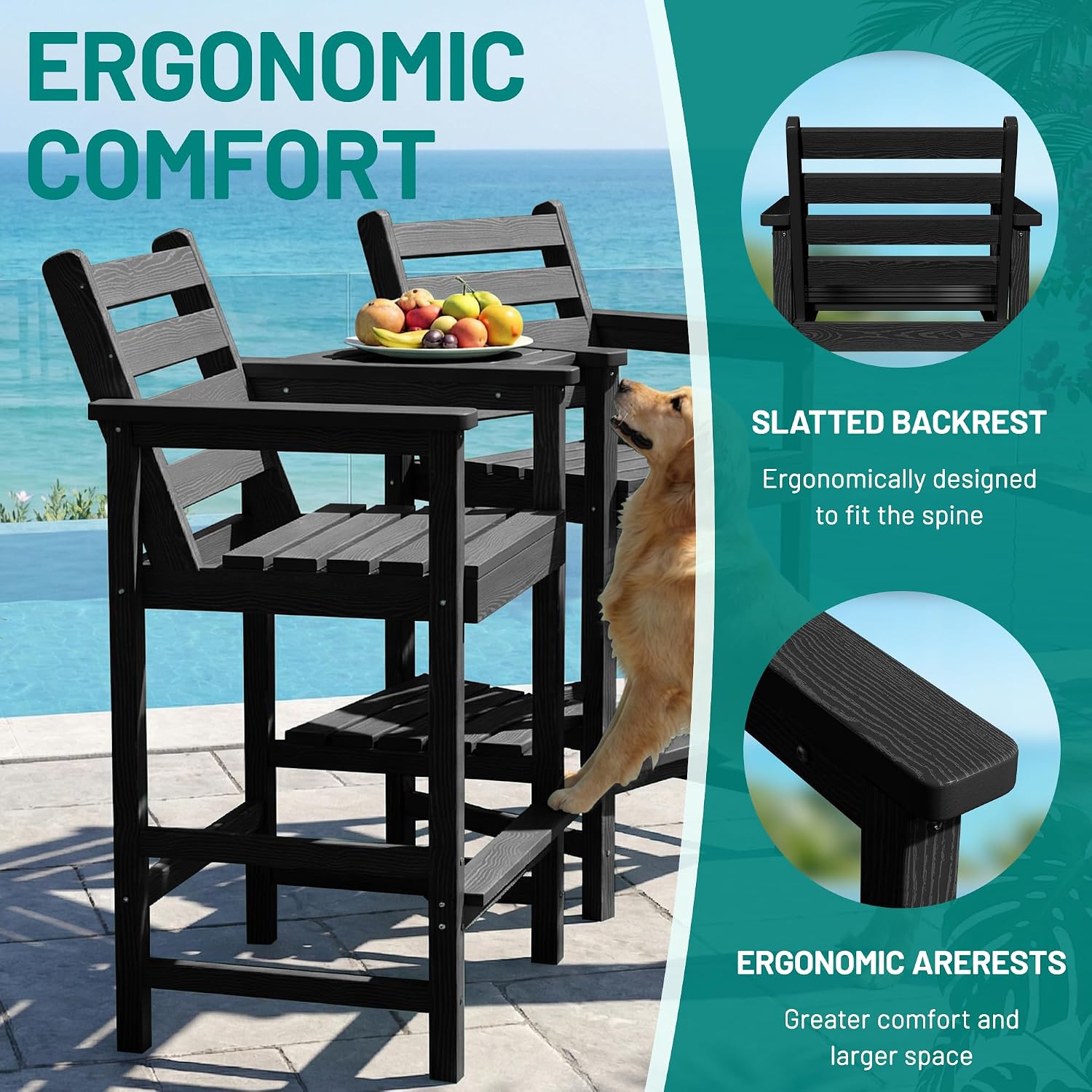 Detalle 2 de PLUUV A03-002-001-BK Tall Adirondack Chairs, Set of 2 with Connecting Trays