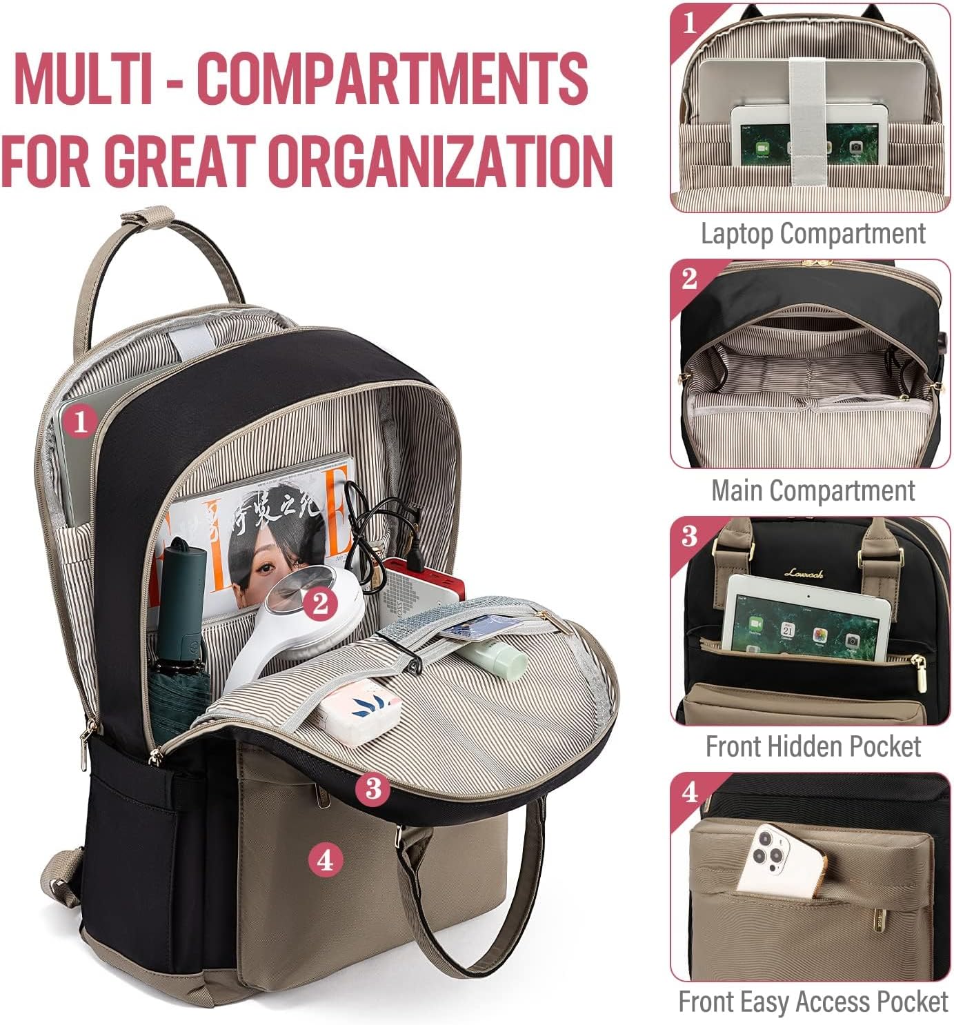 Detalle de LOVEVOOK Laptop Backpack Womens 17 Inch – Waterproof Travel Rucksack with USB Port, Khaki/Black