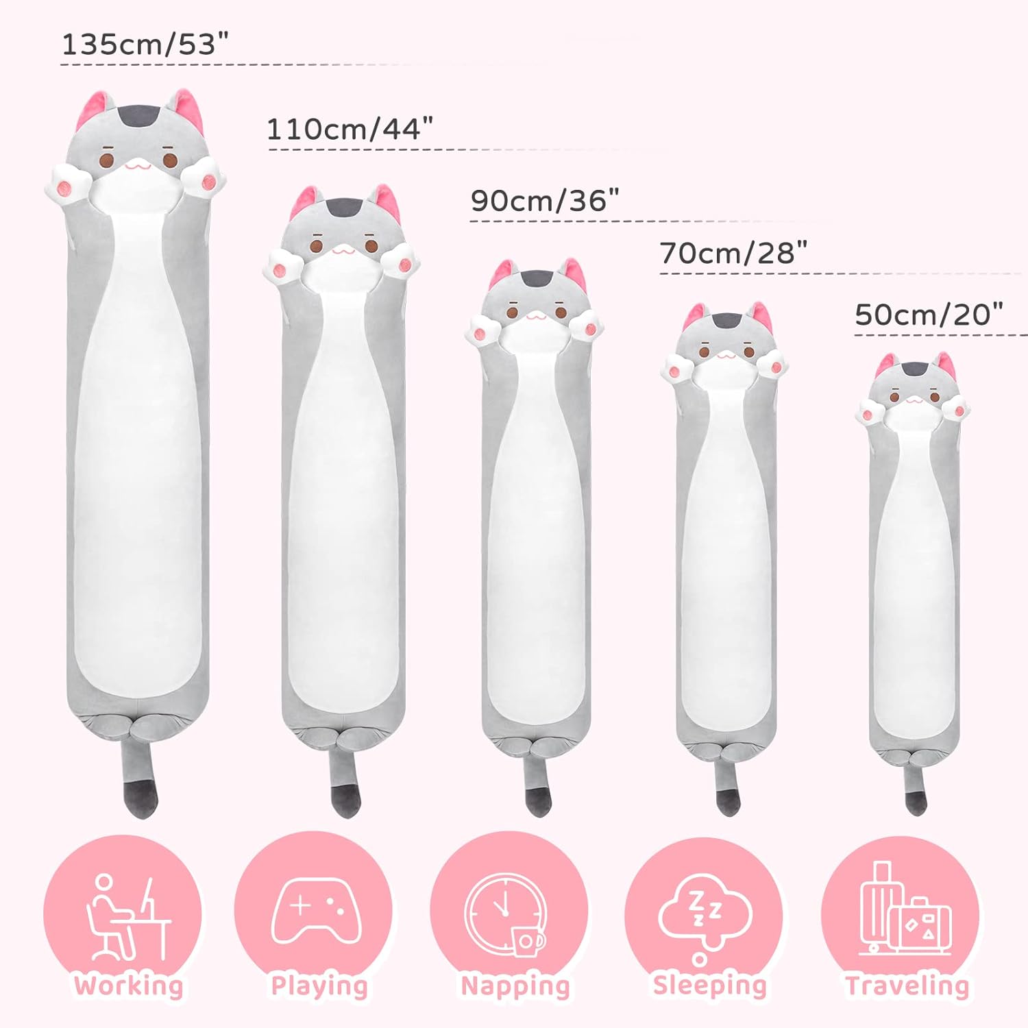 Detalle de Mewaii Kawaii Peluche Coussin Long 50 cm — Oreiller doux pour enfant, compagnon câlin et coussin de sommeil