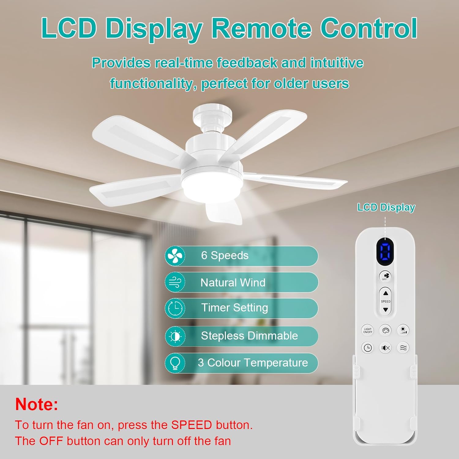 Thumbnail 3 de REYLAX 50cm LED Ceiling Fan with Remote (E27) – quiet 6 speeds, 3 colours 3000–6000K, timer