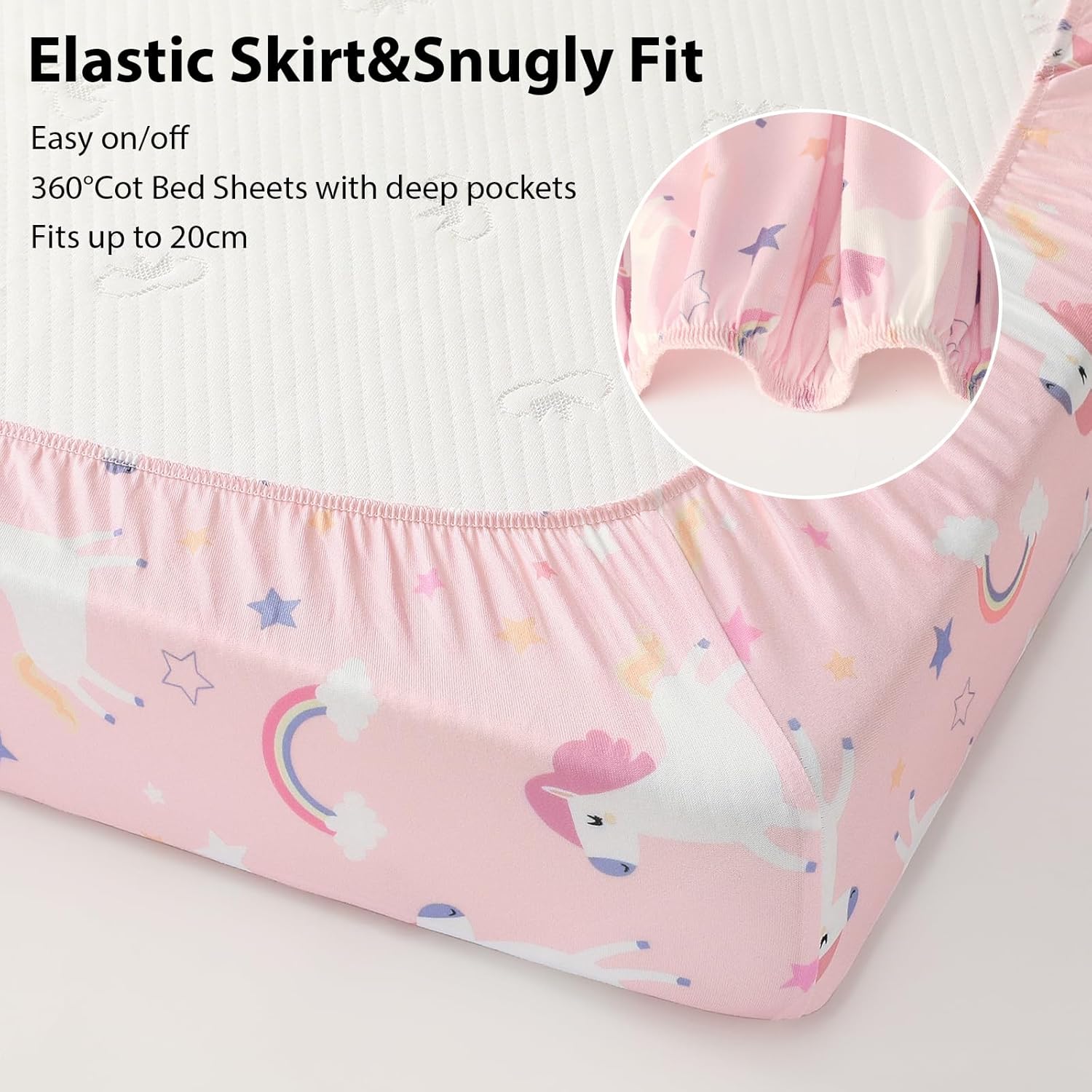 Detalle de FIEMOL Cot Bed Sheets 140 x 70cm Fitted (3 Pack) – Ultra-soft microfiber in Pink/Purple Rainbow