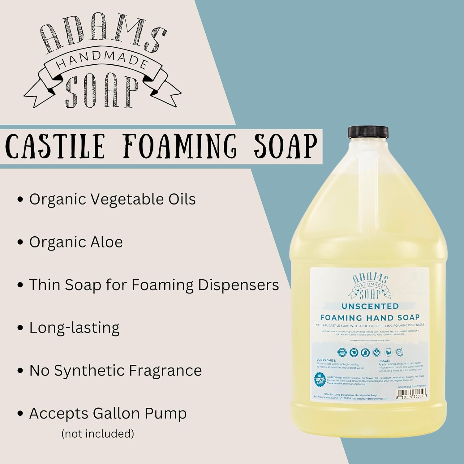 Detalle 1 de Adams Handmade Soap Thin Castile Foaming Liquid Hand Soap 1 Gallon Refill (Unscented)