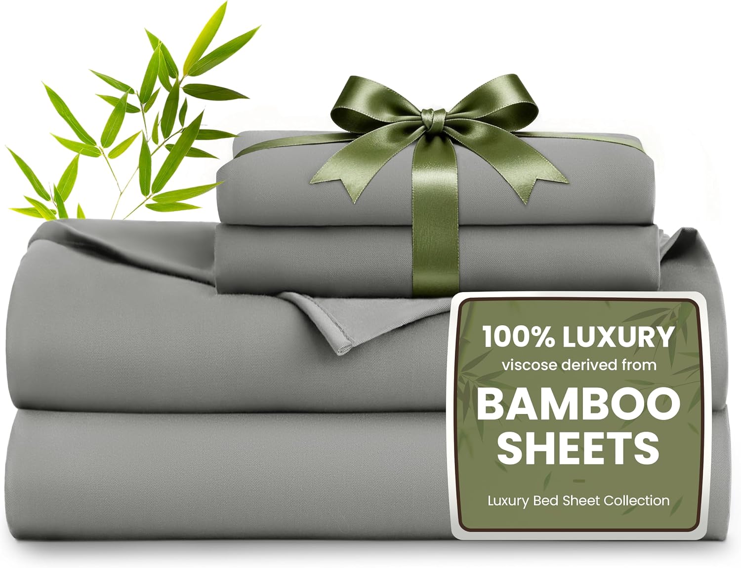 Detalle de Love's cabin 4 Piece Queen Sheet Set - 100% Rayon Derived from Bamboo, Cooling & Breathable, Deep Pocket Up to 16", Grey