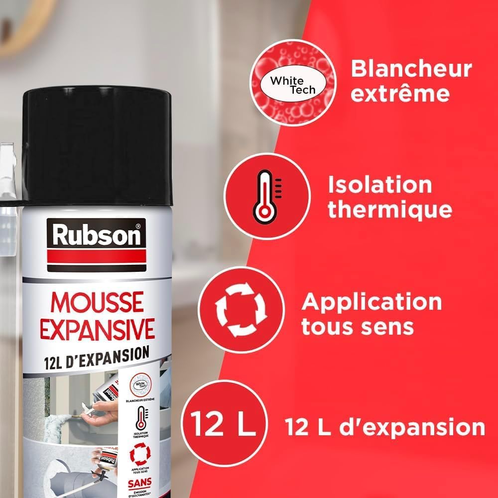 Thumbnail 2 de Rubson Mousse Expansive Multi-Usages – Mousse polyurethane blanche en aérosol (300 ml) avec 12 litres d'expansion