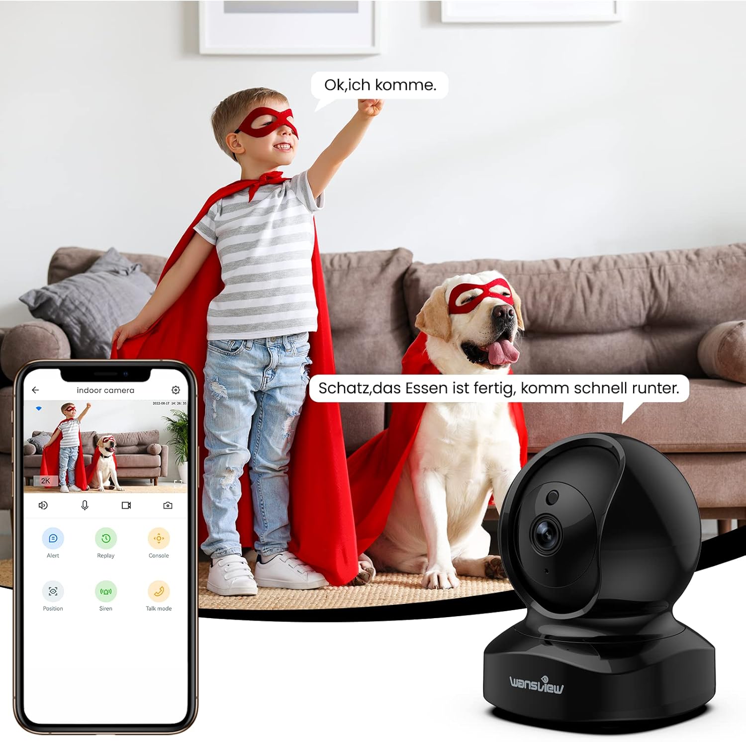 Detalle 2 de Wansview 2K Hundekamera mit App – Innenüberwachung für Haustiere, 2,4 GHz WLAN, Nachtsicht, Bewegungserkennung