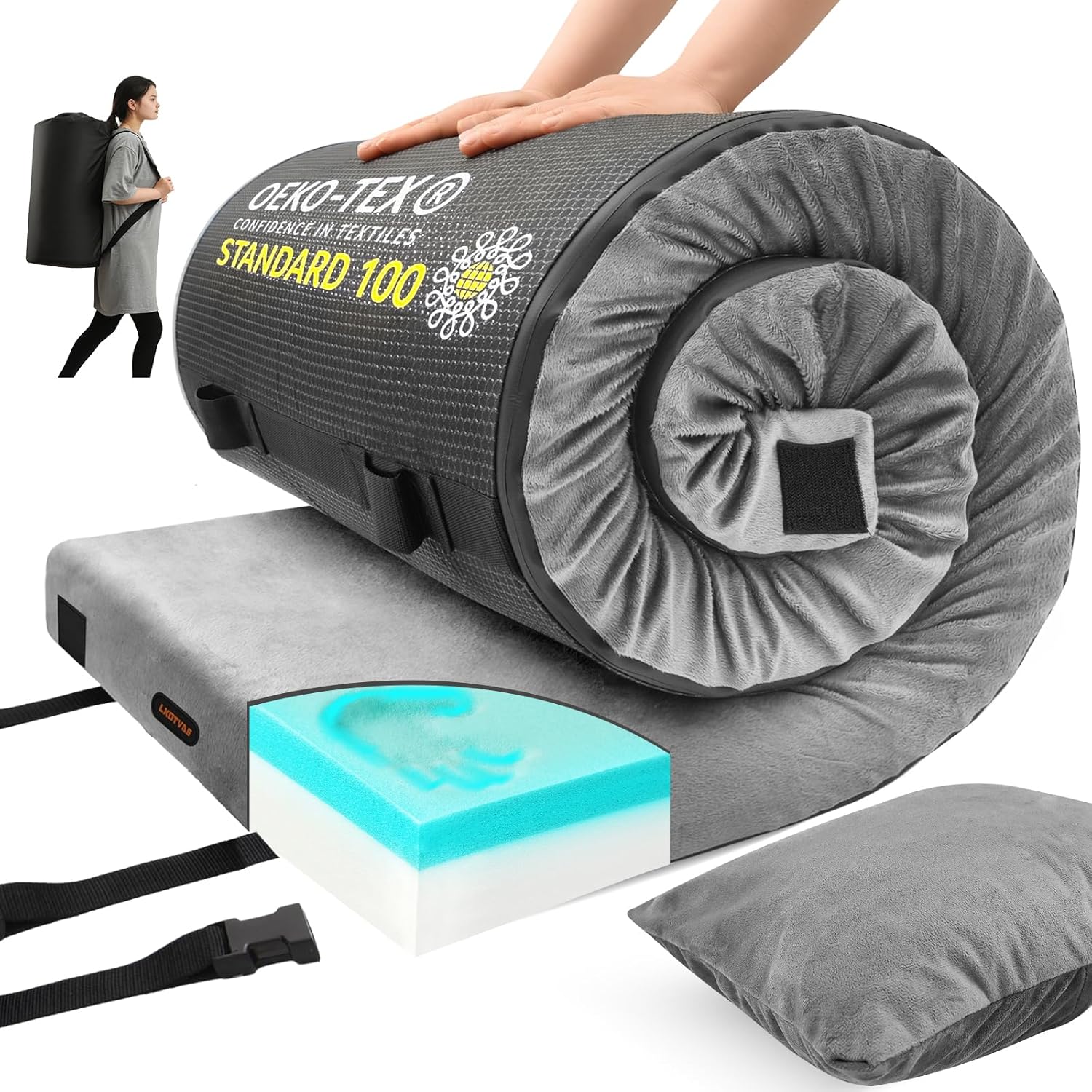 Detalle de Memory Foam Camping Mattress Pad for Adults — Waterproof, Non-Slip Roll-Up Floor Sleeping Mat