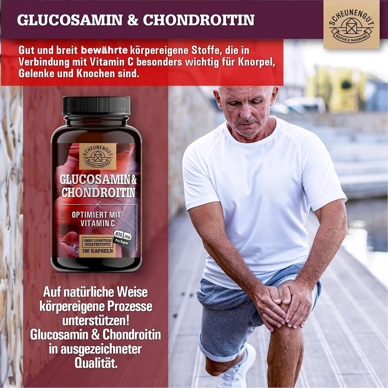 Detalle 2 de Glucosamin Chondroitin Hochdosiert (2.630 mg/Tag) mit Vitamin C – DE Scheunengut® Kapseln, laborgeprüft